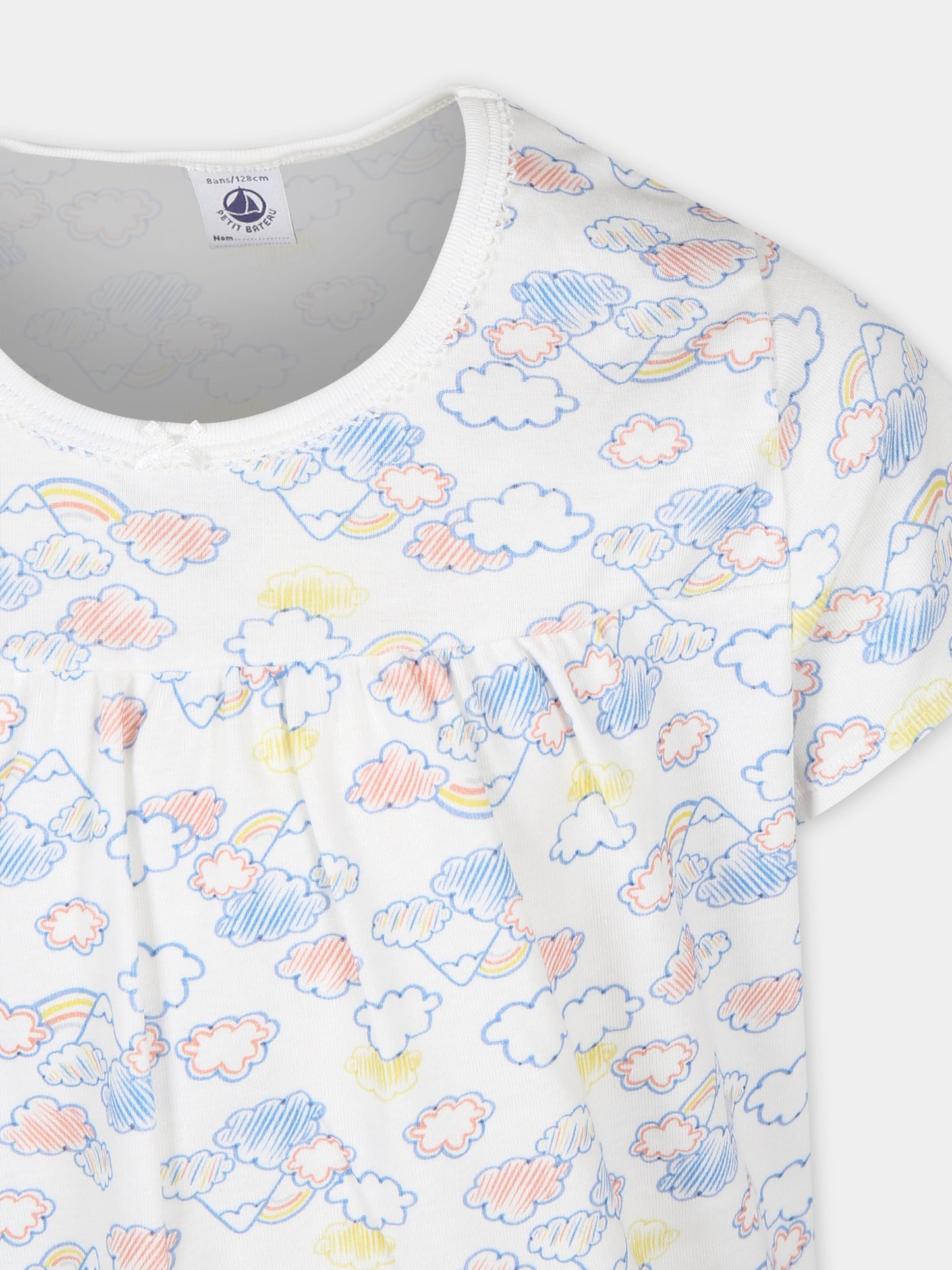 Pigiama bianco per bambina con stampa nuvole,Petit Bateau,A09R8 01 MARSHMALLOW/MULTICO