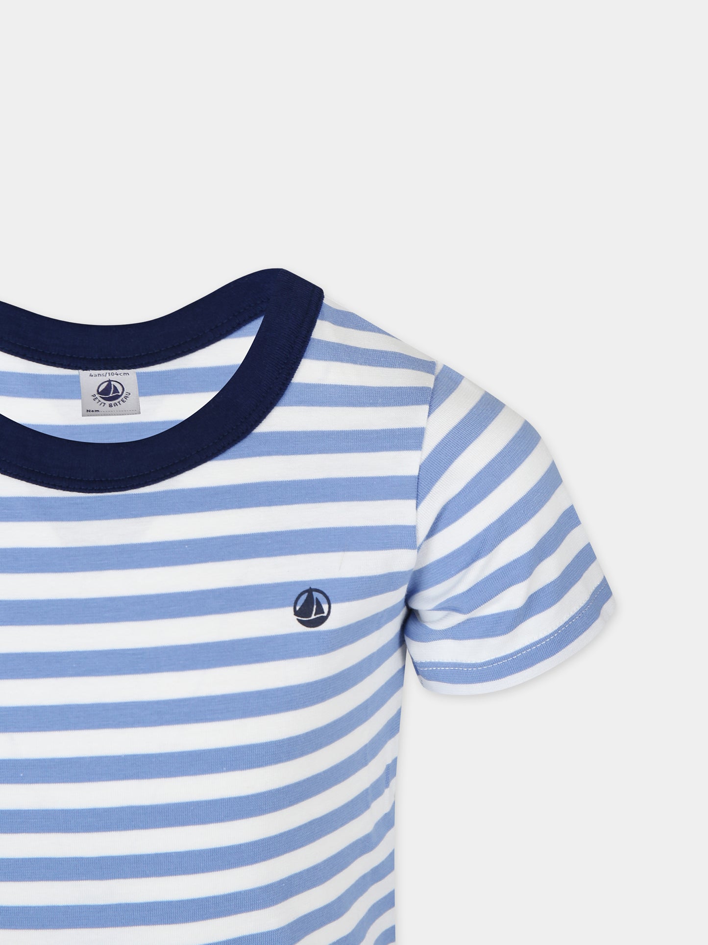 T-shirt azzurra per bambino con righe,Petit Bateau,A0A1D 01 GAULOISE/MARSHMALLOW