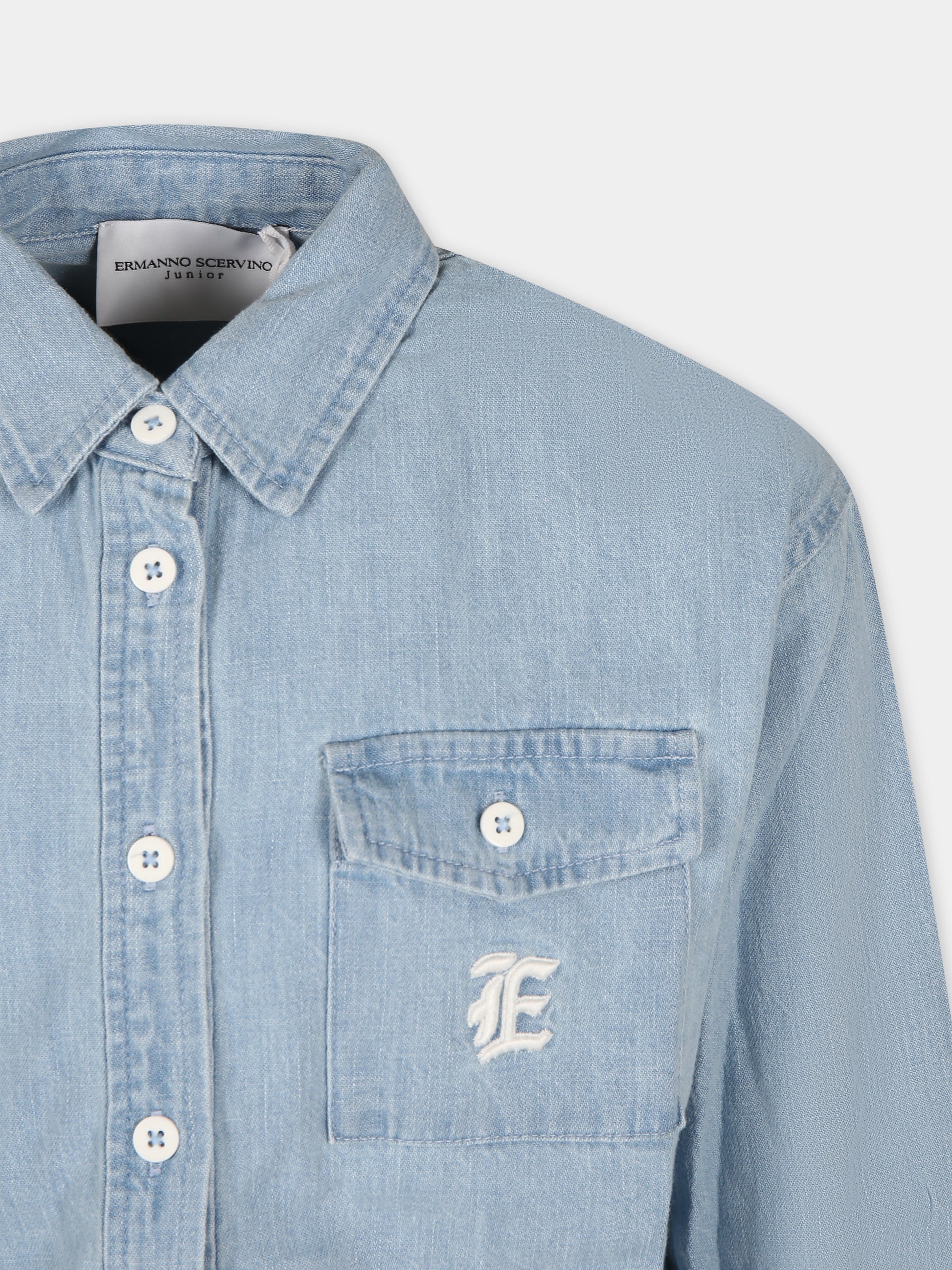 Camicia blu per bambina con ricamo e logo,Ermanno Scervino Junior,SFCA015 C DF026 4100