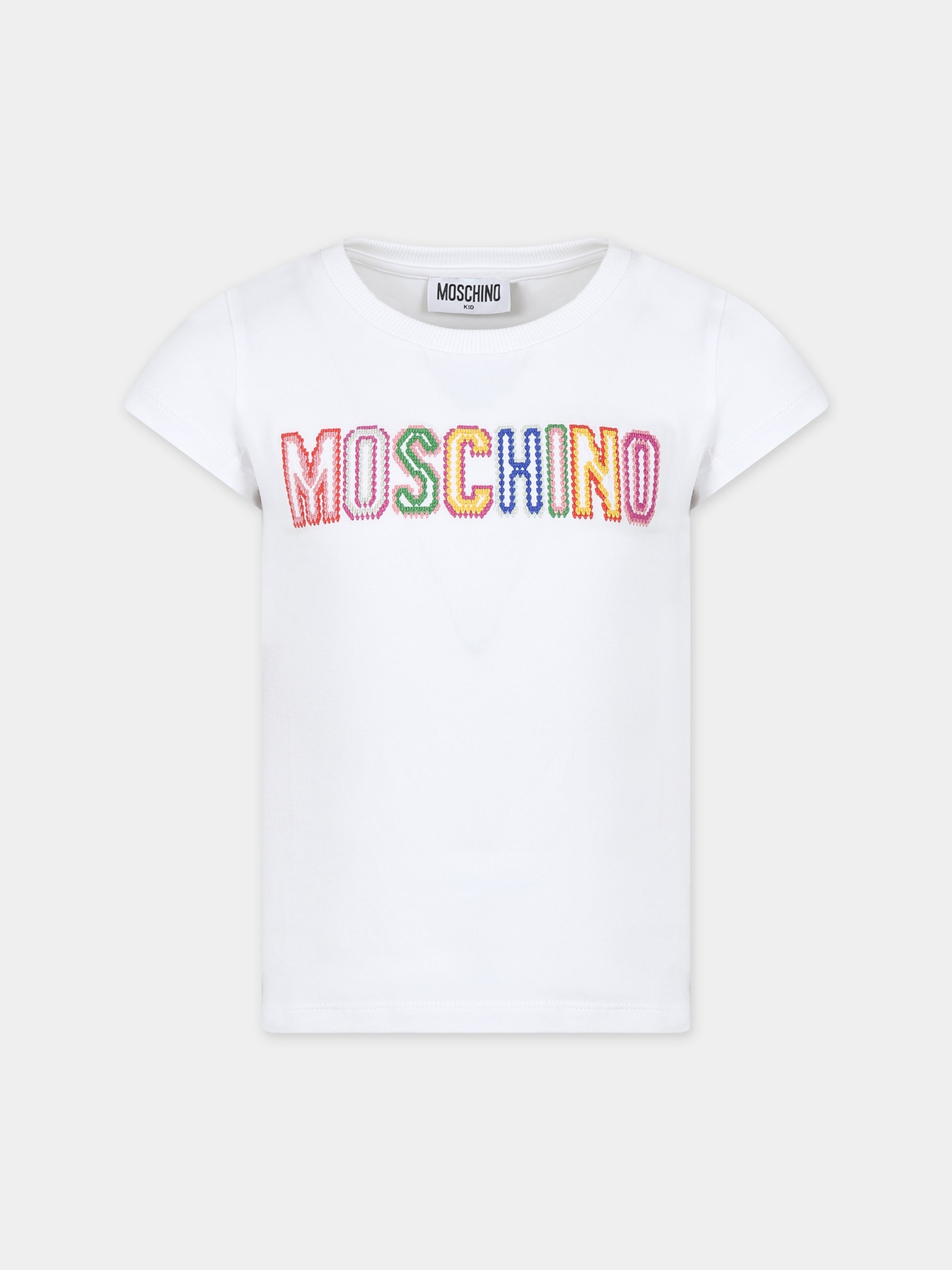 T-shirt bianca per bambina con logo,Moschino Kids,H1M042 LBA00 10101