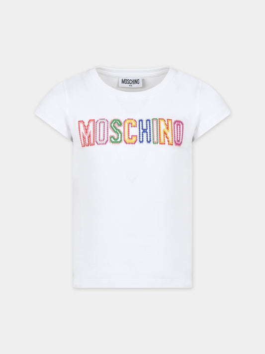 T-shirt bianca per bambina con logo,Moschino Kids,H1M042 LBA00 10101