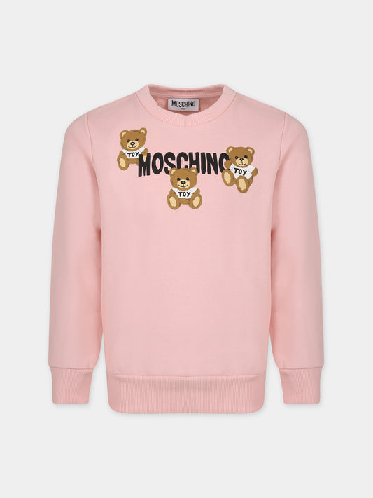 Felpa rosa per bambina con Teddy Bears e logo,Moschino Kids,HUF07E LCA32 50209