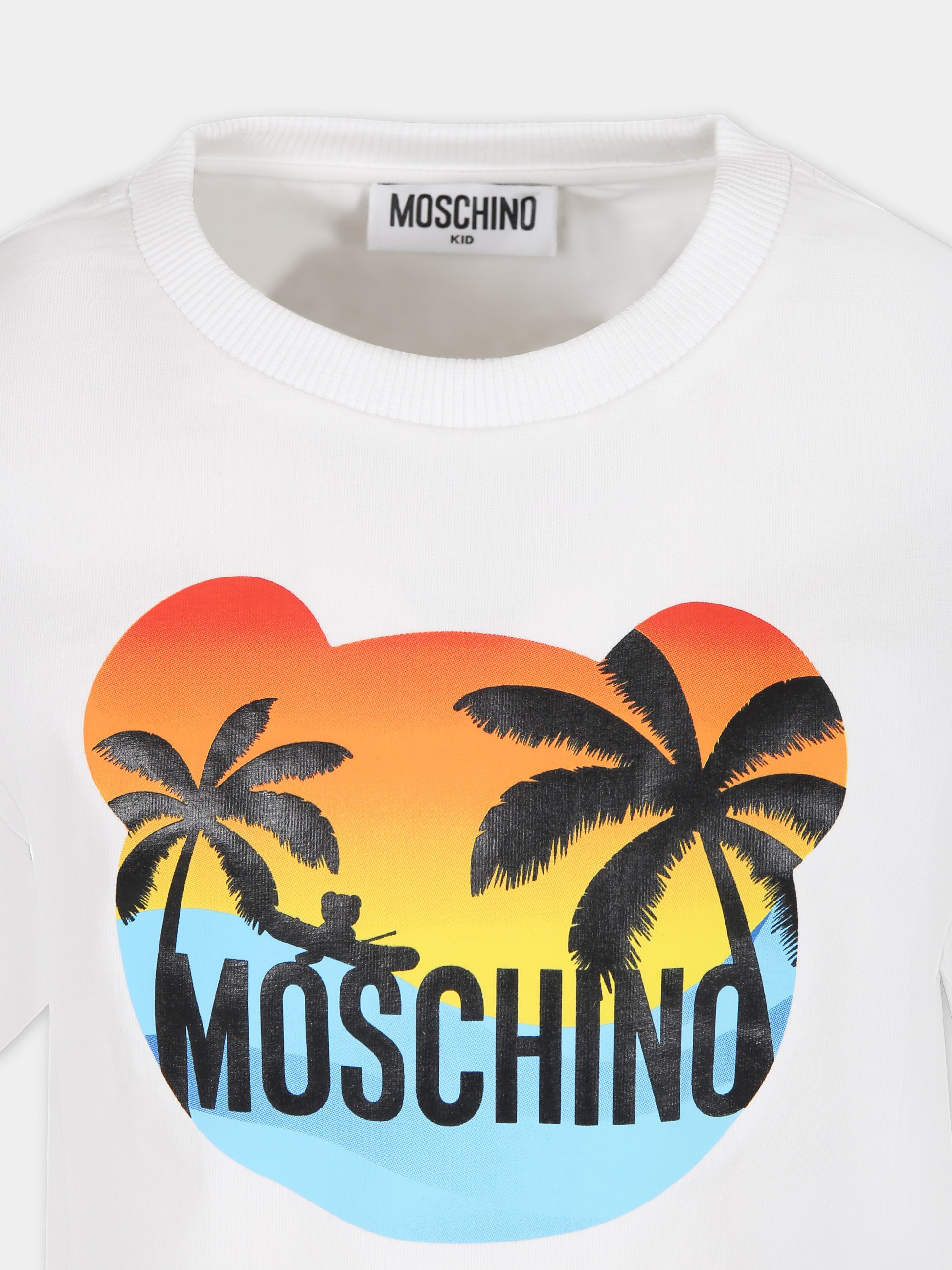 T-shirt bianca per bambina con stampa multicolor e logo,Moschino Kids,HDM06E LBA10 10101