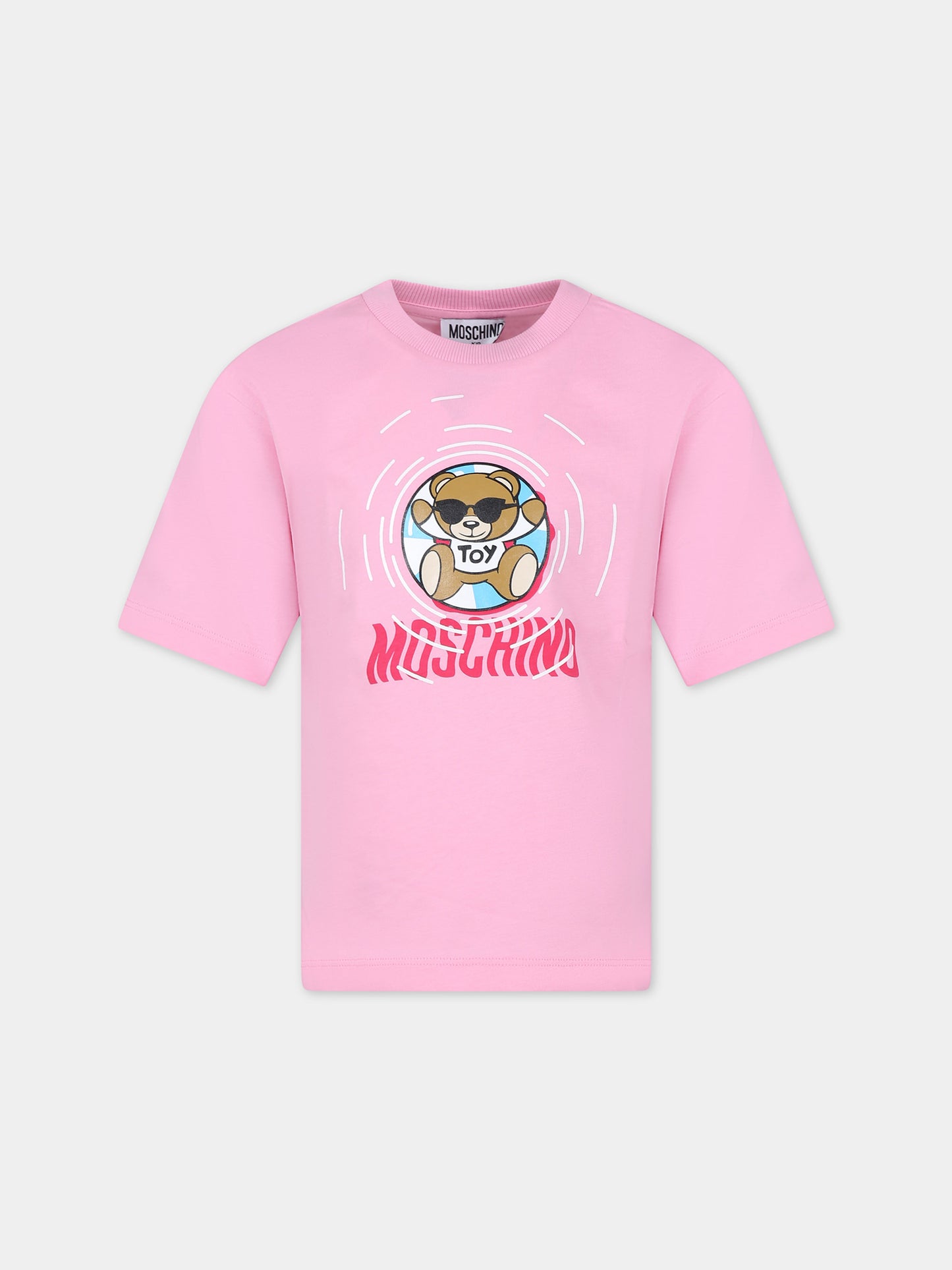 T-shirt rosa per bambina con stampa multicolor e Teddy Bear,Moschino Kids,HUM04R LAA23 50206
