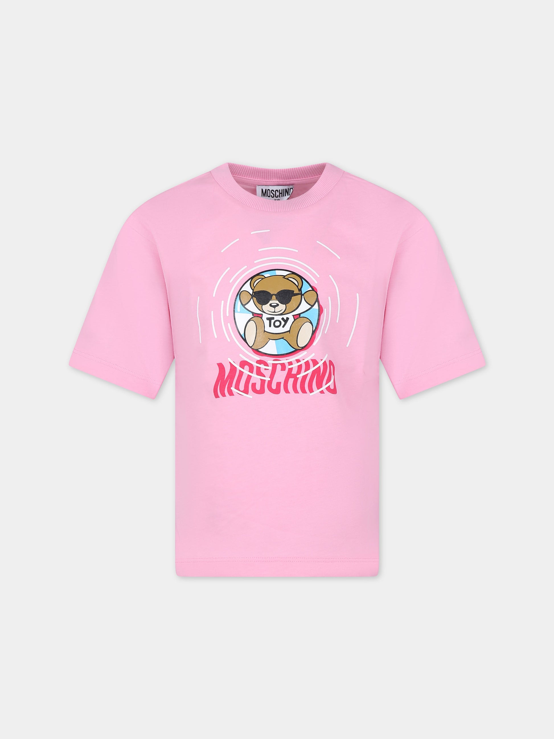 T-shirt rosa per bambina con stampa multicolor e Teddy Bear,Moschino Kids,HUM04R LAA23 50206