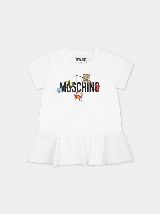 Vestito bianco per neonata con logo e animaletti,Moschino Kids,MDV0BF LAA02 10101