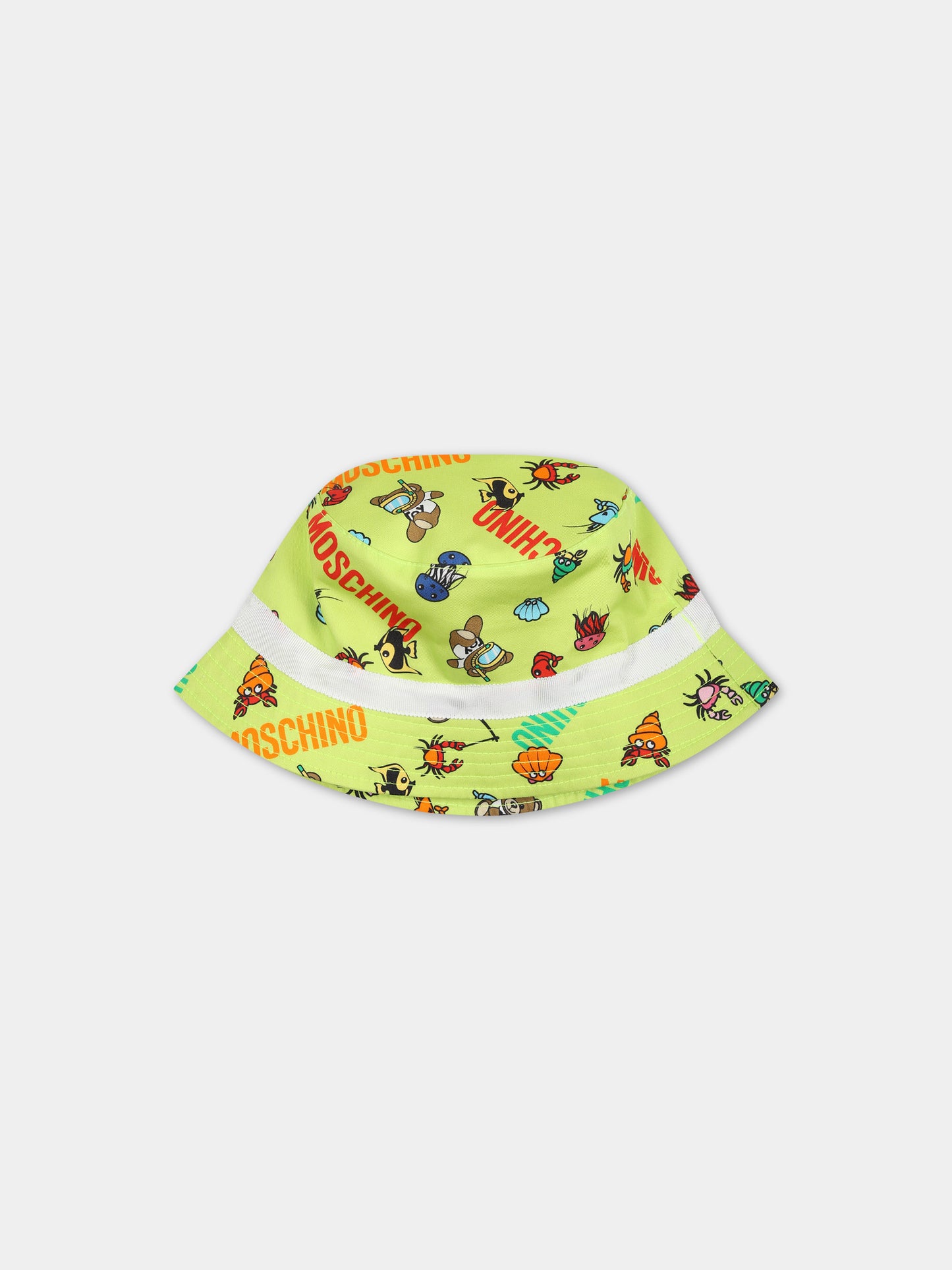 Cloche verde per neonato con fantasia animaletti e logo multicolor all-over,Moschino Kids,MUX04Q LOB17 85840