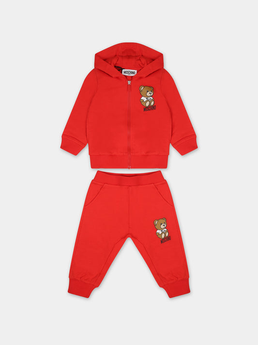 Completo rosso per neonati con Teddy Bear e logo,Moschino Kids,MNK037 LCA19 50109