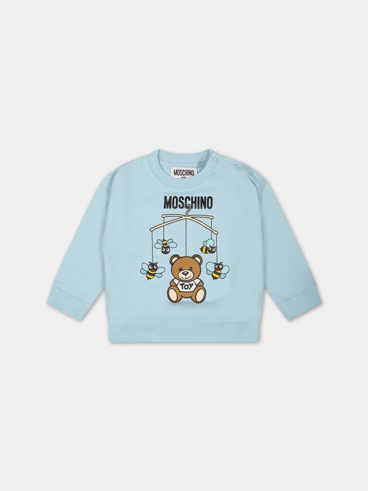 Felpa celeste per neonato con Teddy Bear,Moschino Kids,MWF03N LCA19 40304