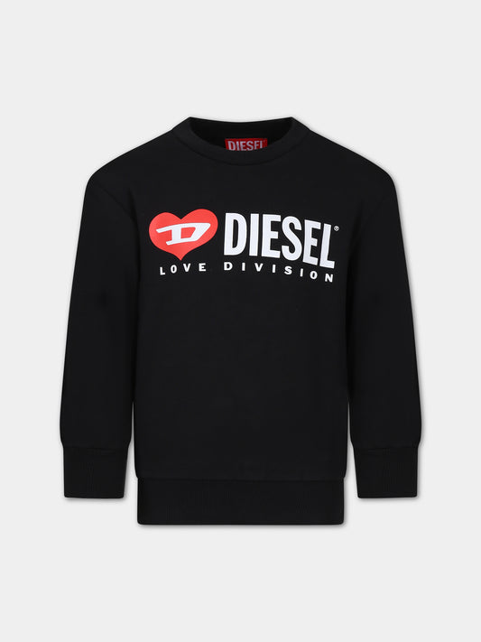 Felpa girocollo nera per bambino con logo,Diesel,J01310 KYAU6 K900