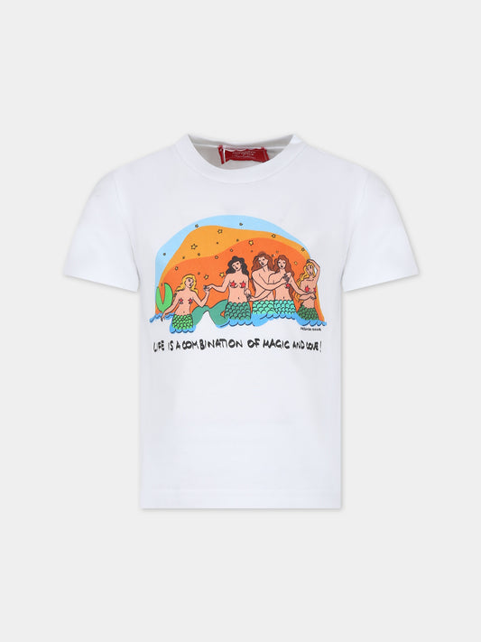 T-shirt bianca per bambina con stampa sirene e stelle,Alessandro Enriquez X Barcellino,112709