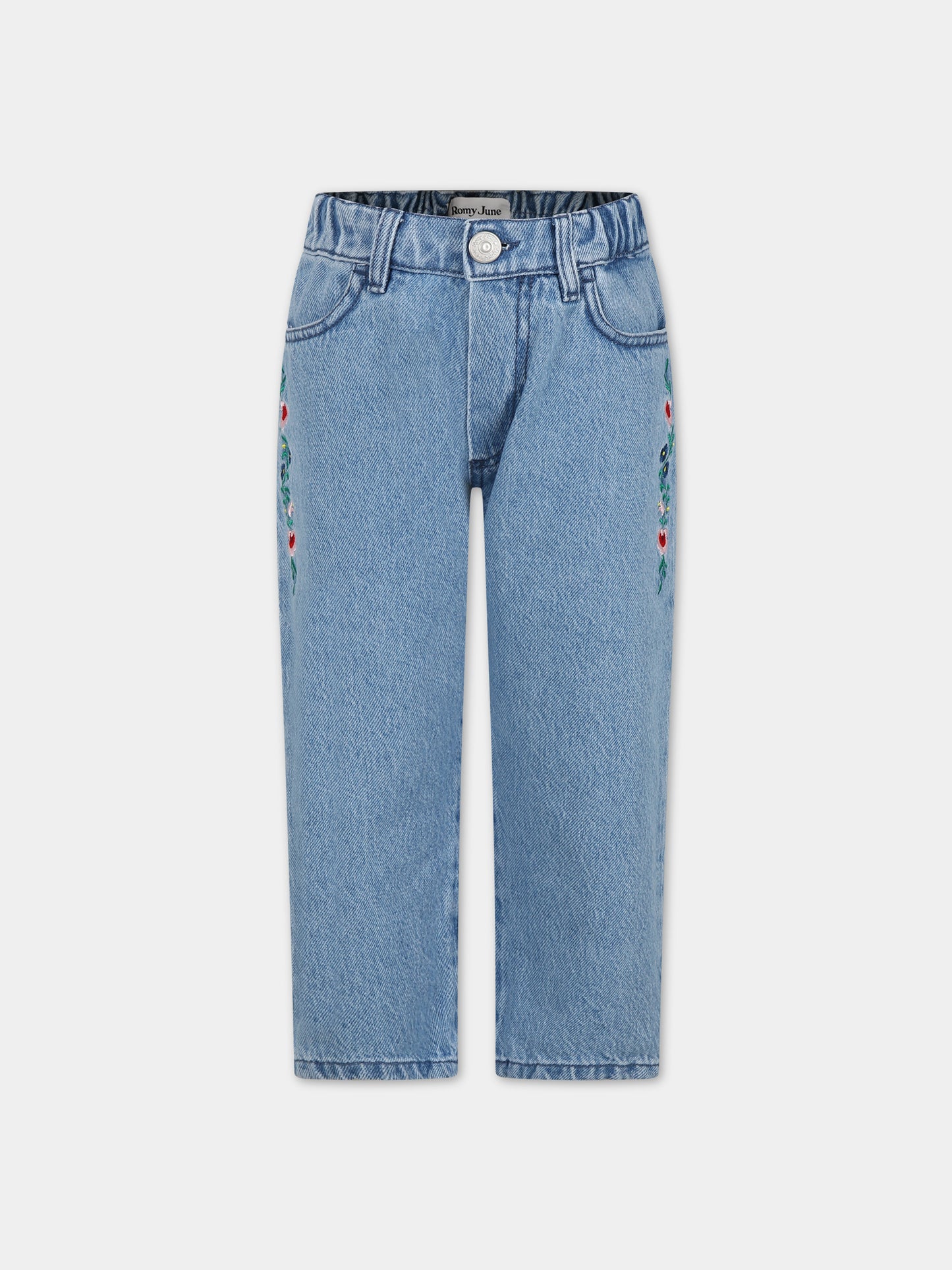 Jeans in denim per bambina con fiori ricamati,Romy June,0011 01 6000 904 F23