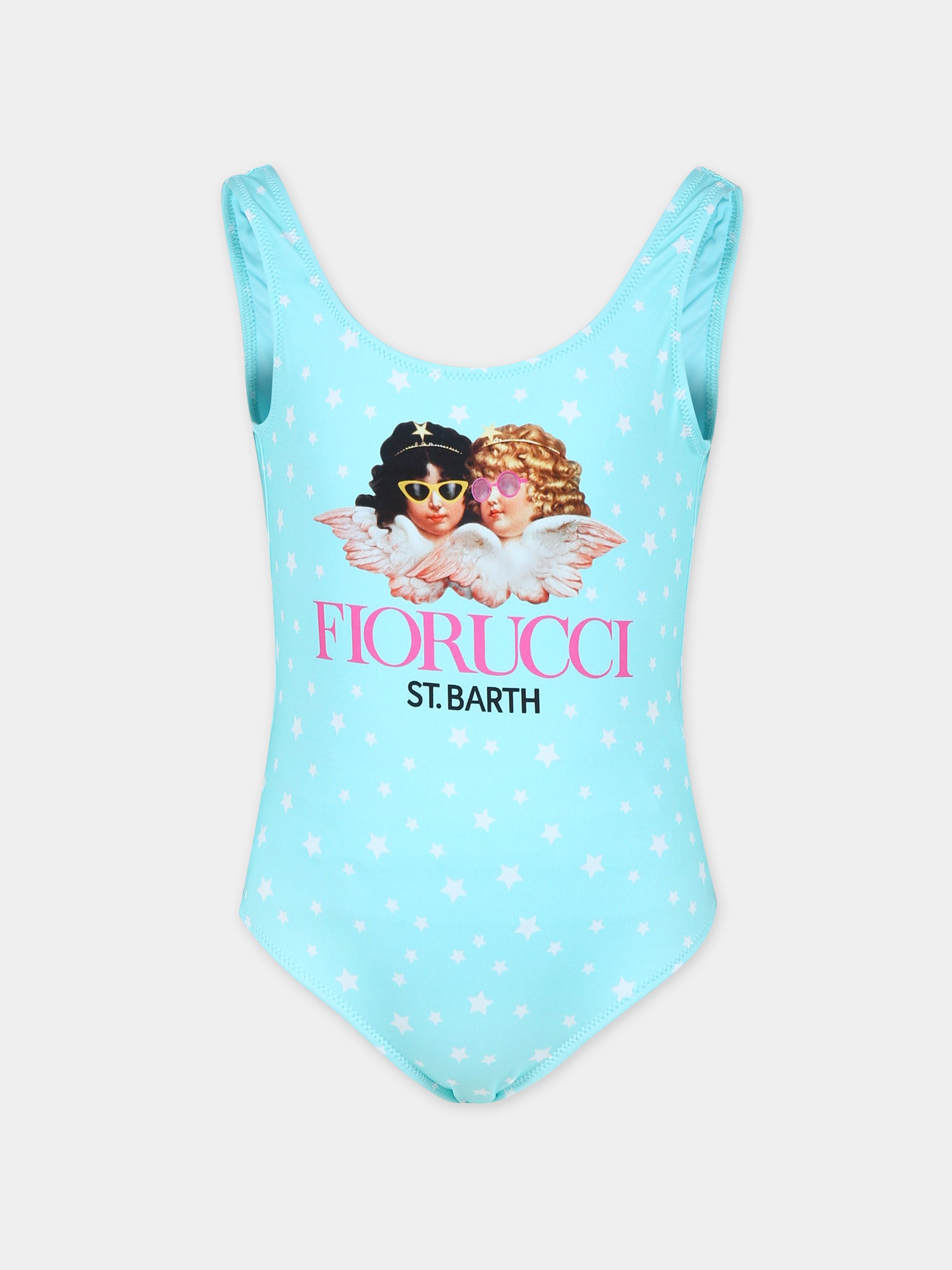 Costume intero celeste per bambina con stampa Angeli,Mc2 Saint Barth,CARA001 03079F