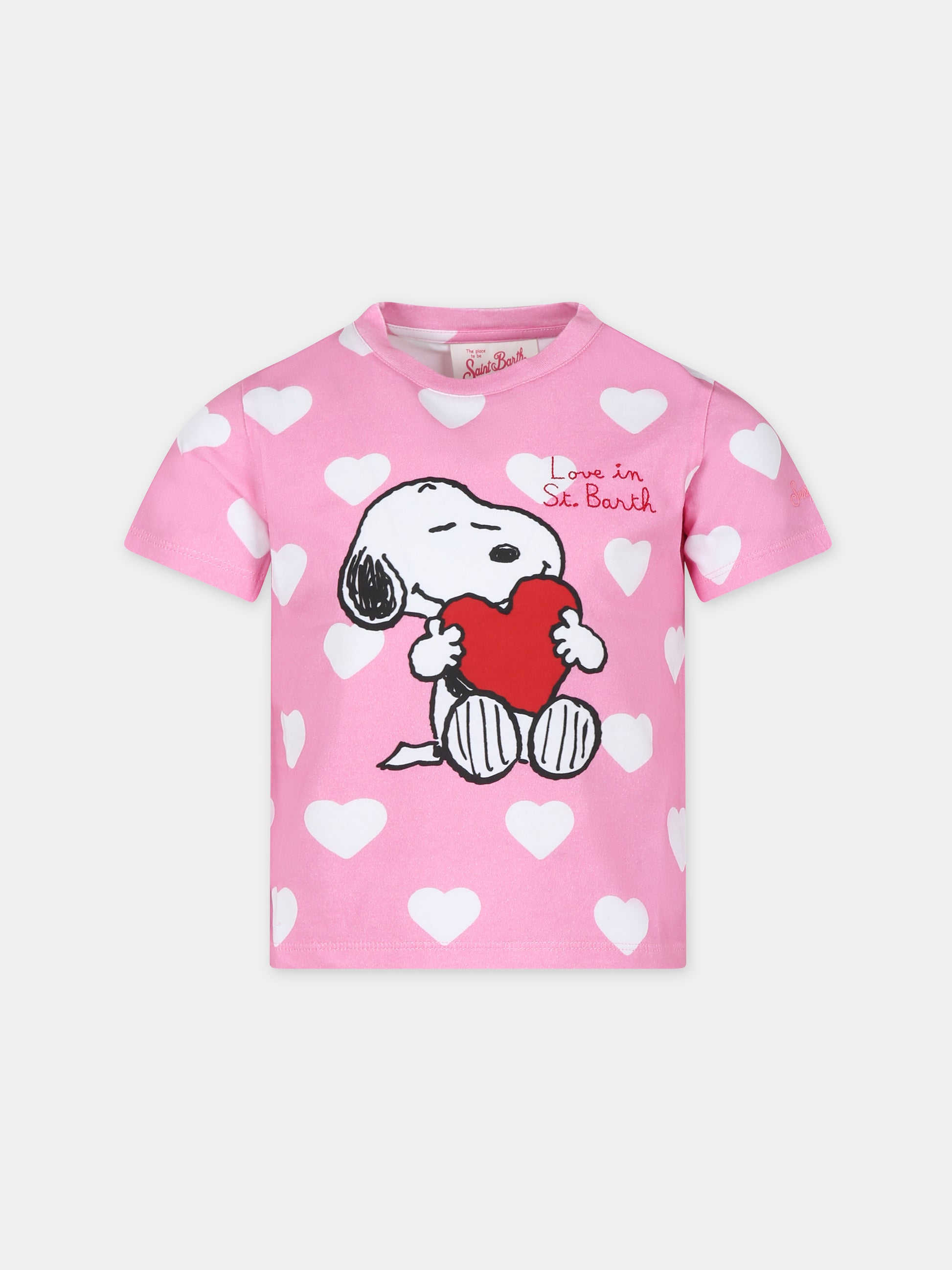 T-shirt rosa per bambina con stampa Snoopy e cuori,Mc2 Saint Barth,ELLY001 01653F