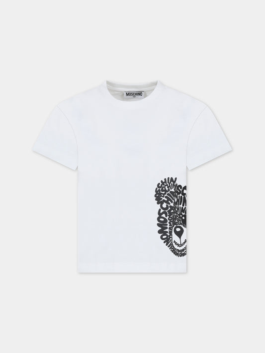 T-shirt bianca per bambina con Teddy Bear e logo,Moschino Kids,HUM046 LAA01 10101