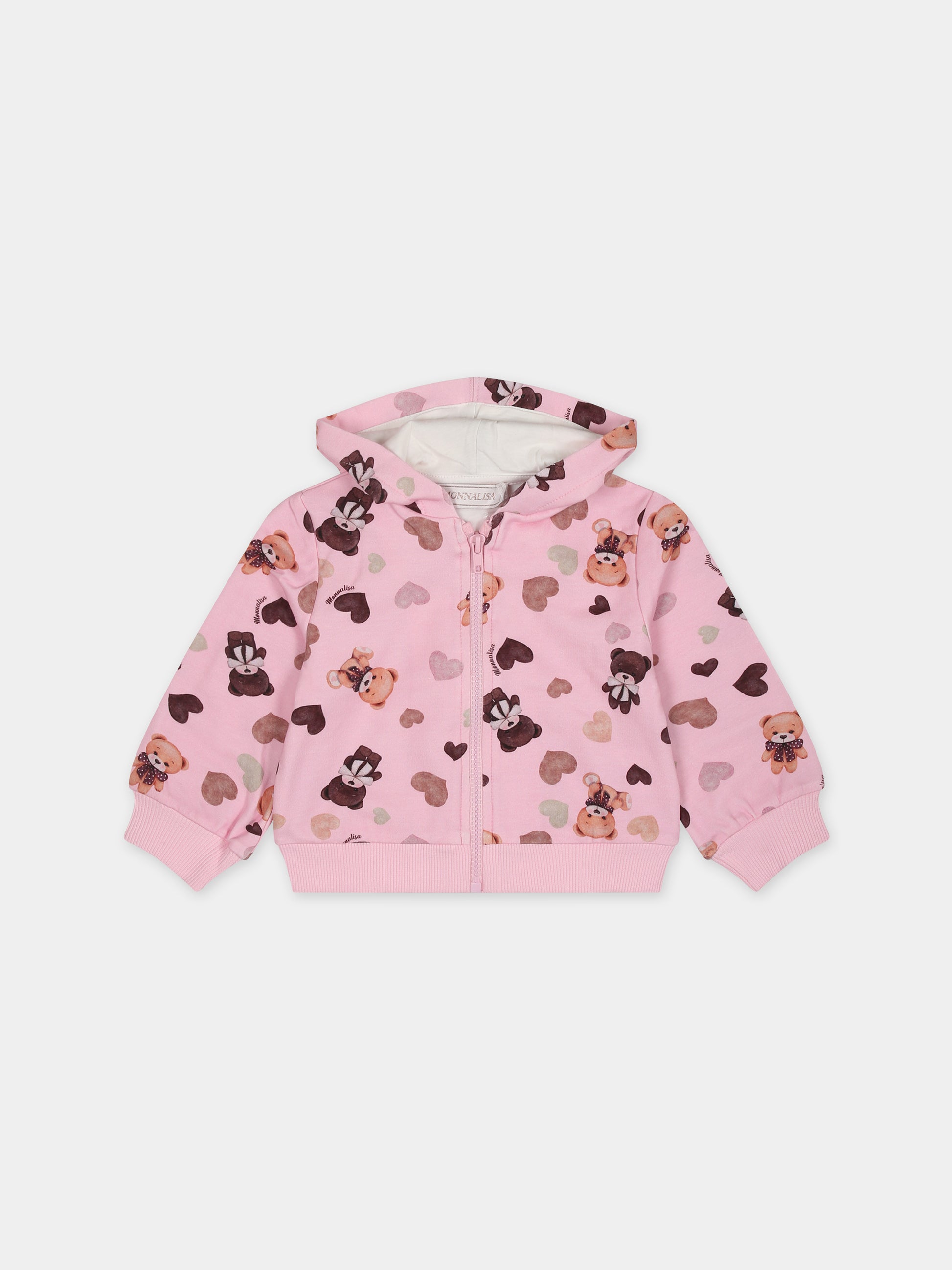 Felpa rosa per neonata con stampa orso e cuori,Monnalisa,39B802 2071 092S