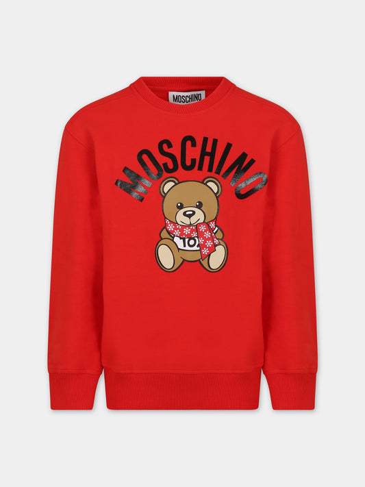 Felpa rossa per bambino con Teddy Bear e logo,Moschino Kids,HUF07H LDA53 50109
