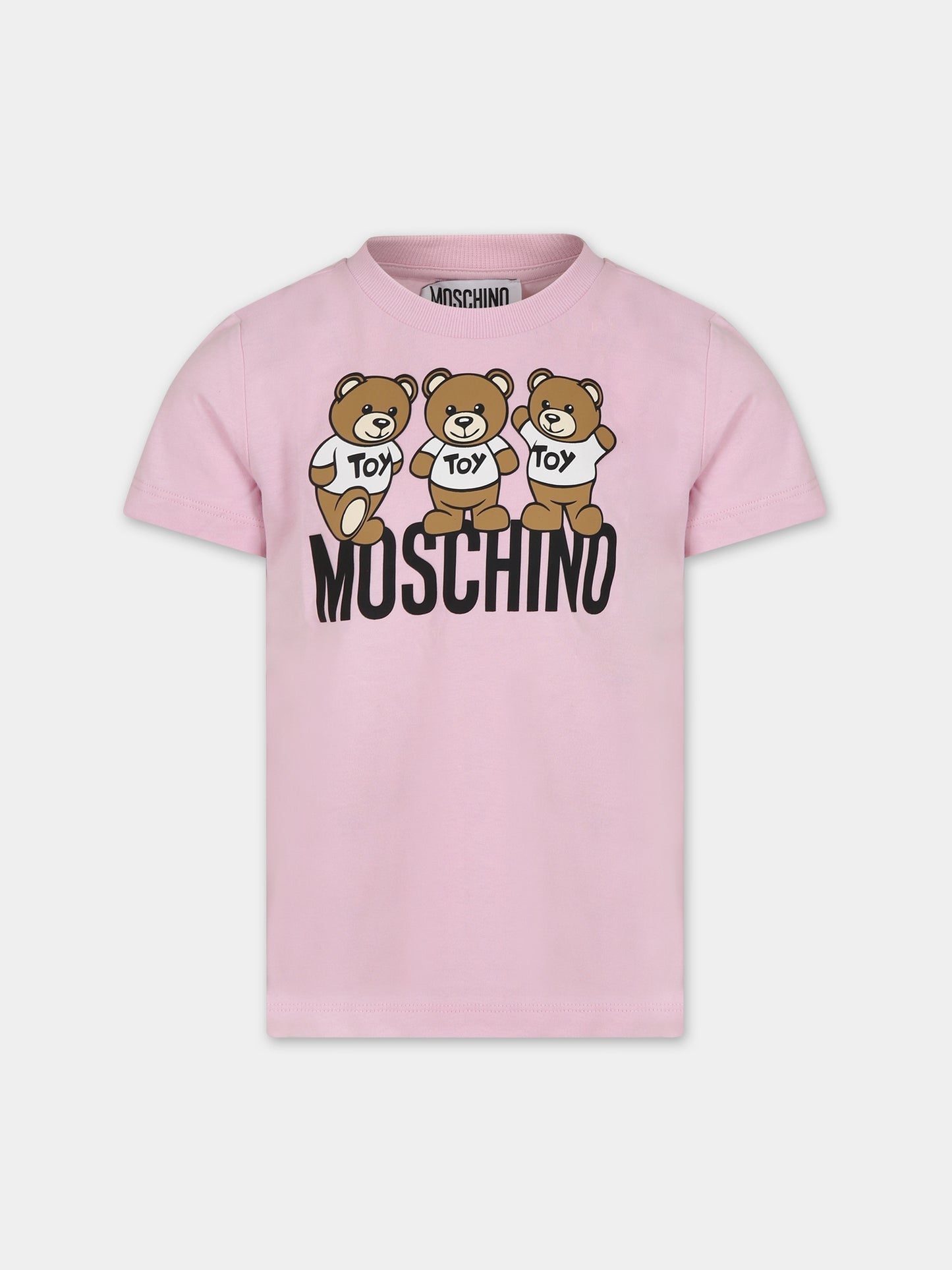 T-shirt rosa per bambina con Teddy Bears e logo,Moschino Kids,HVM03U LAA34 51684