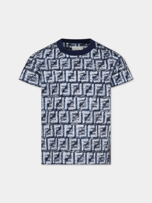T-shirt blu per bambino con iconiche FF,Fendi Kids,JMI451 AQTS F04V6