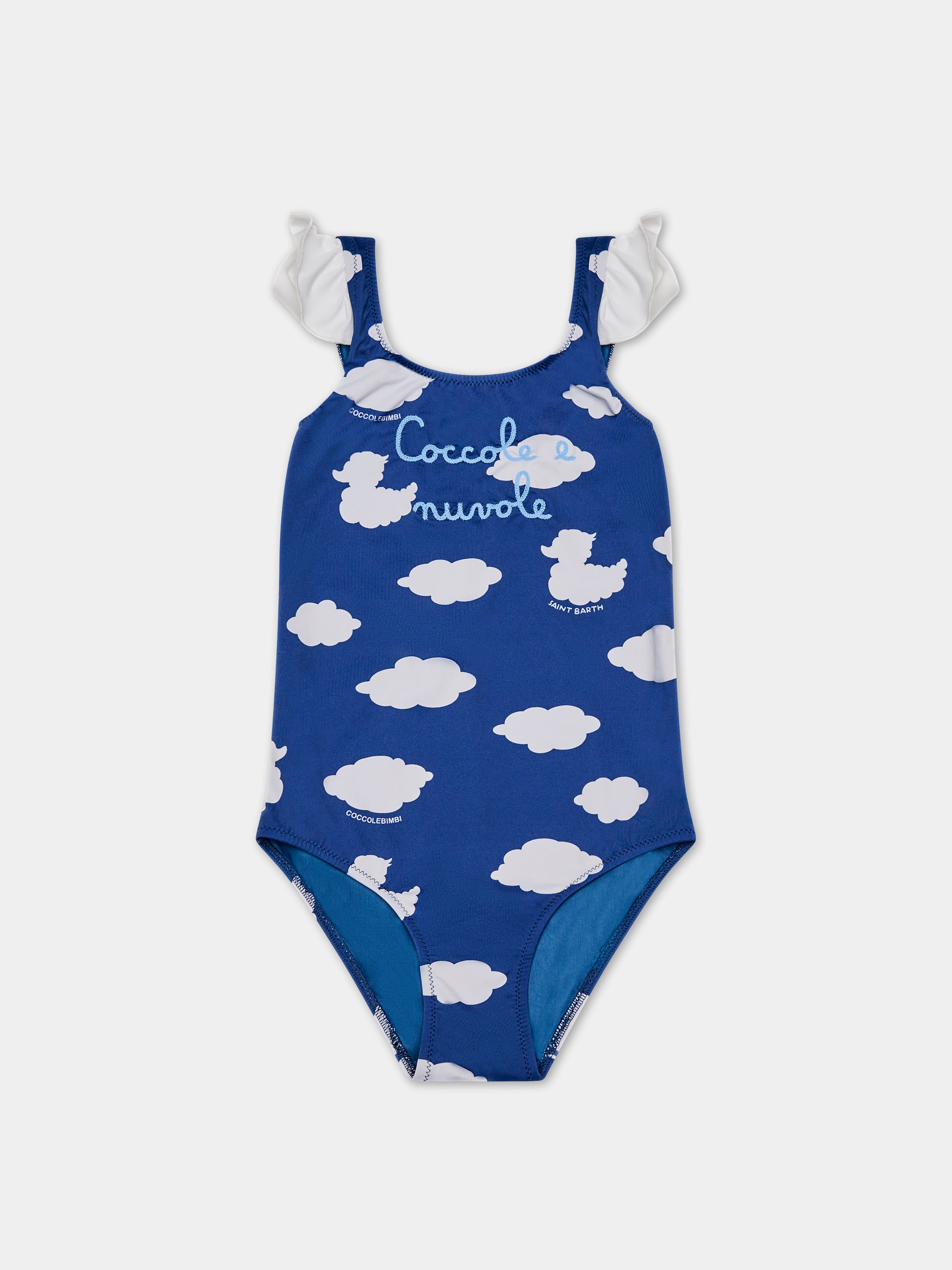 Costume azzurro per bambina con iconiche nuvole e Ducky Clouds,Saint Barth X Coccolebimbi,CAROL - DUCKY CLOUDS 61 EMB