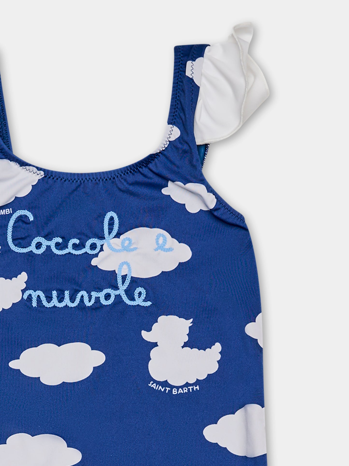 Costume azzurro per bambina con iconiche nuvole e Ducky Clouds,Saint Barth X Coccolebimbi,CAROL - DUCKY CLOUDS 61 EMB