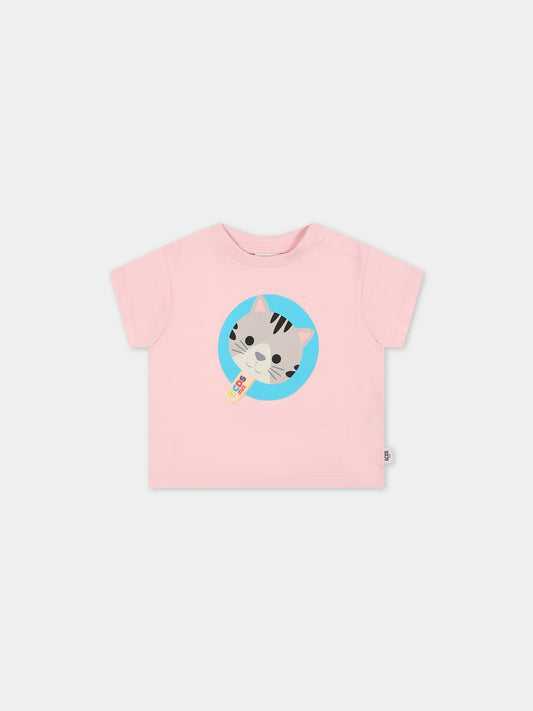 T-shirt rosa per neonata con gattino,Gcds Kids,GUM008 LAA03 52483