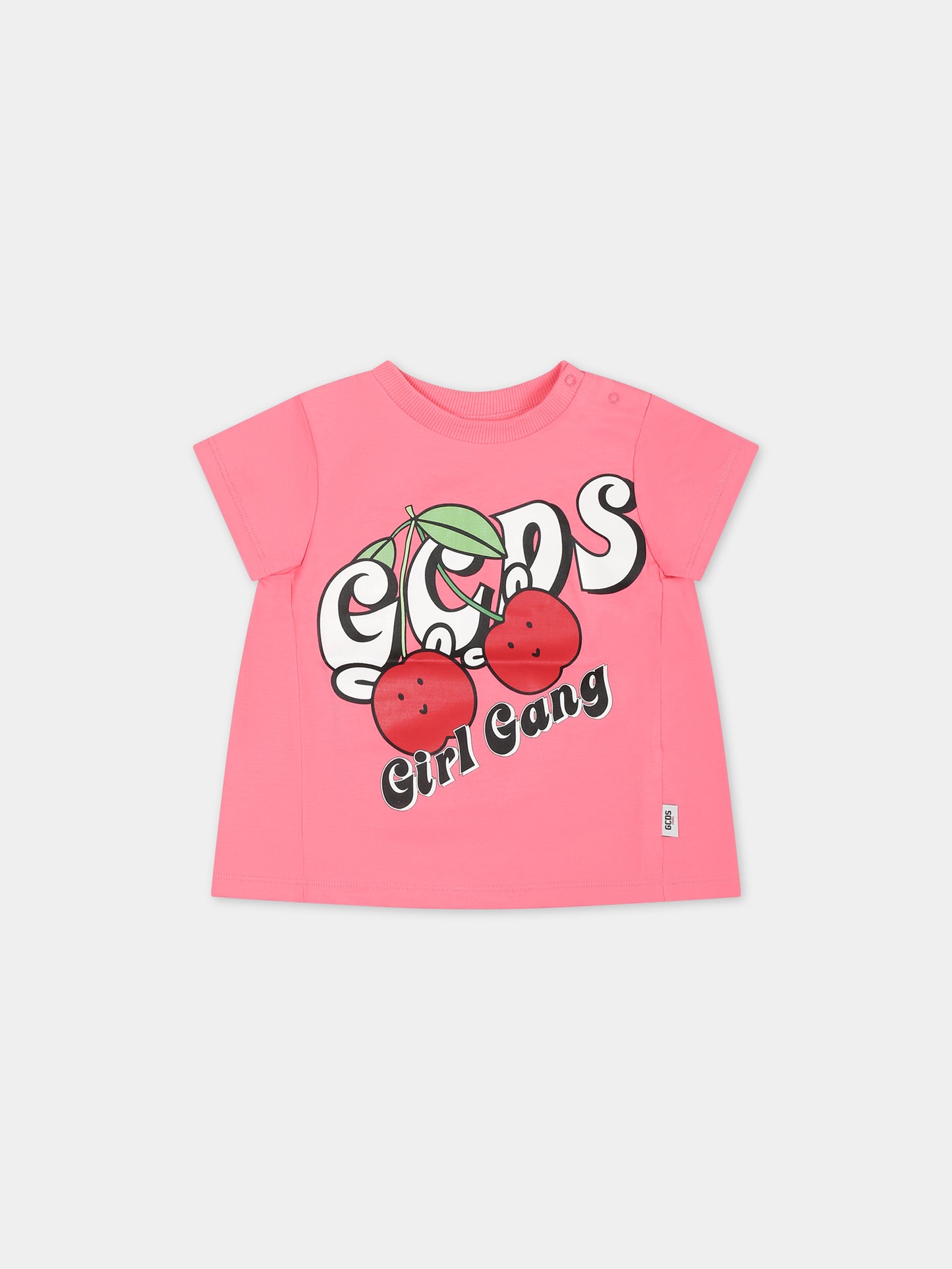 T-shirt rosa per neonata con stampa logo e ciliegie,Gcds Kids,GDM008 LBA00 51452 