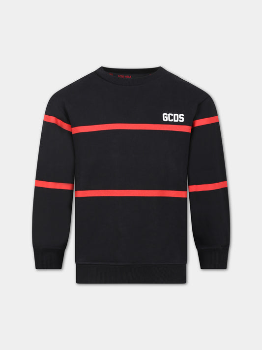 Felpa nera per bambini con righe rosse,Gcds Kids,DOF000 LCA52 60100