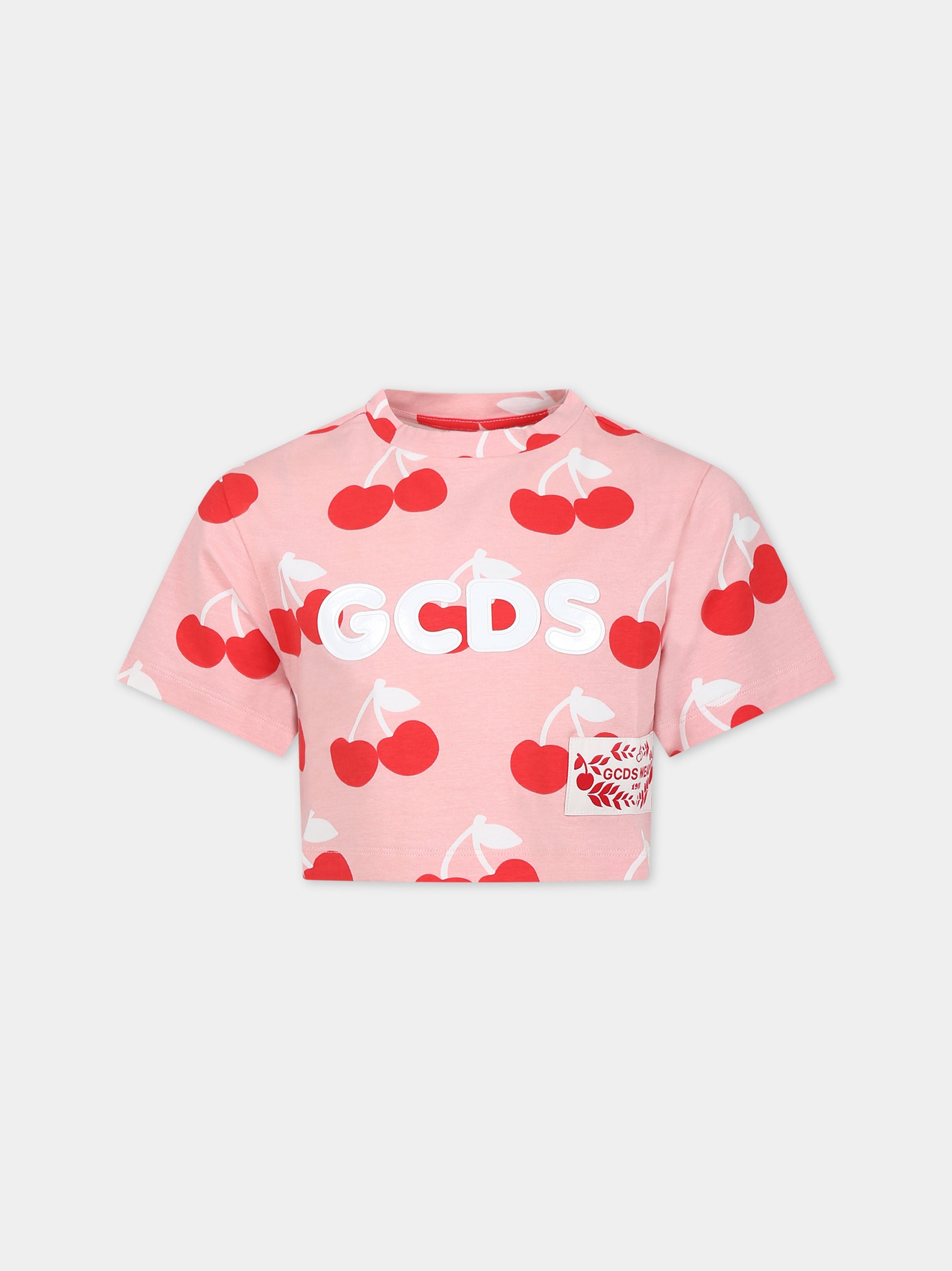T-shirt rosa per bambina con stampa ciliegie all-over,Gcds Kids,DDM00G LBB0C 84526