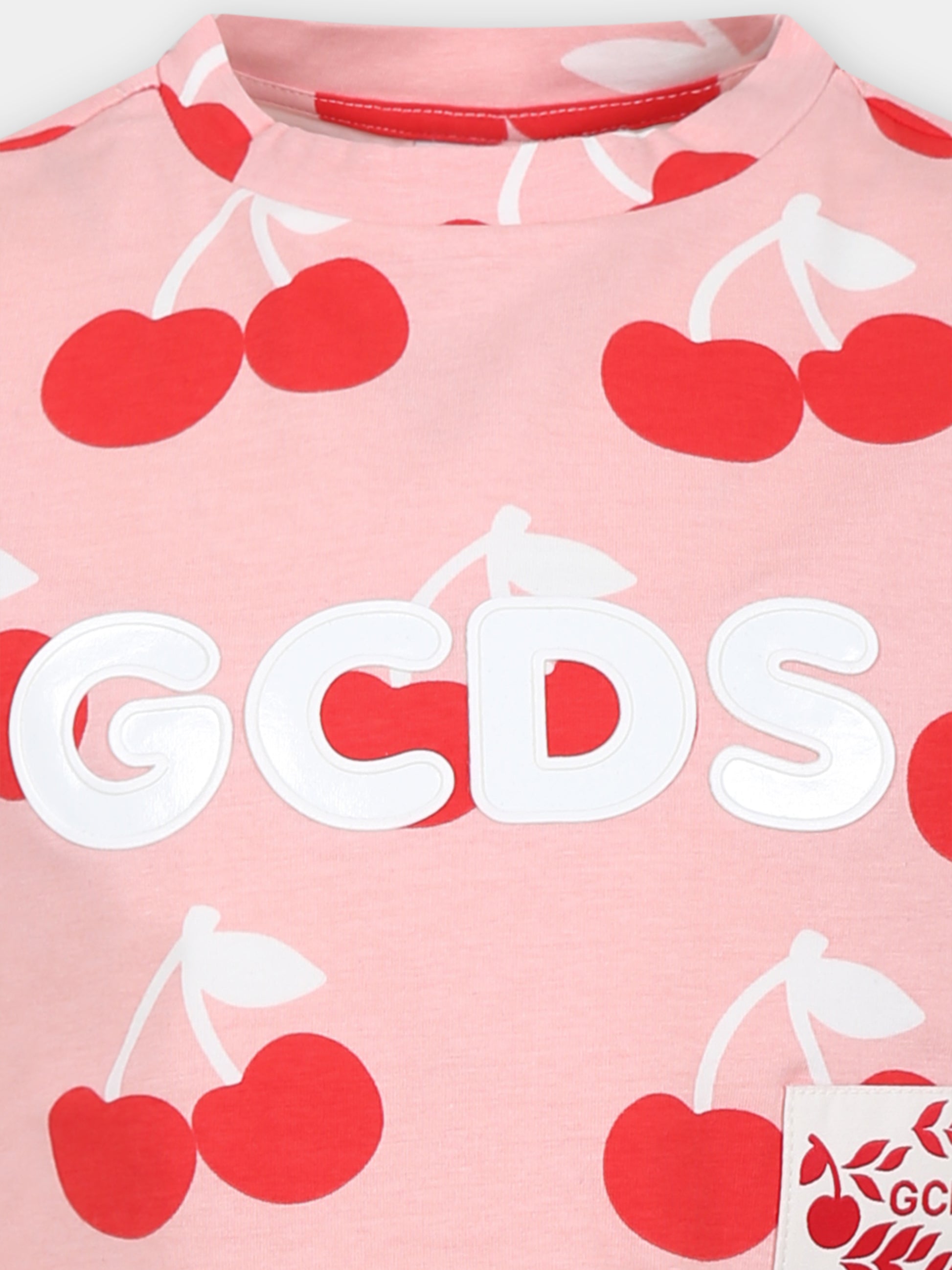 T-shirt rosa per bambina con stampa ciliegie all-over,Gcds Kids,DDM00G LBB0C 84526