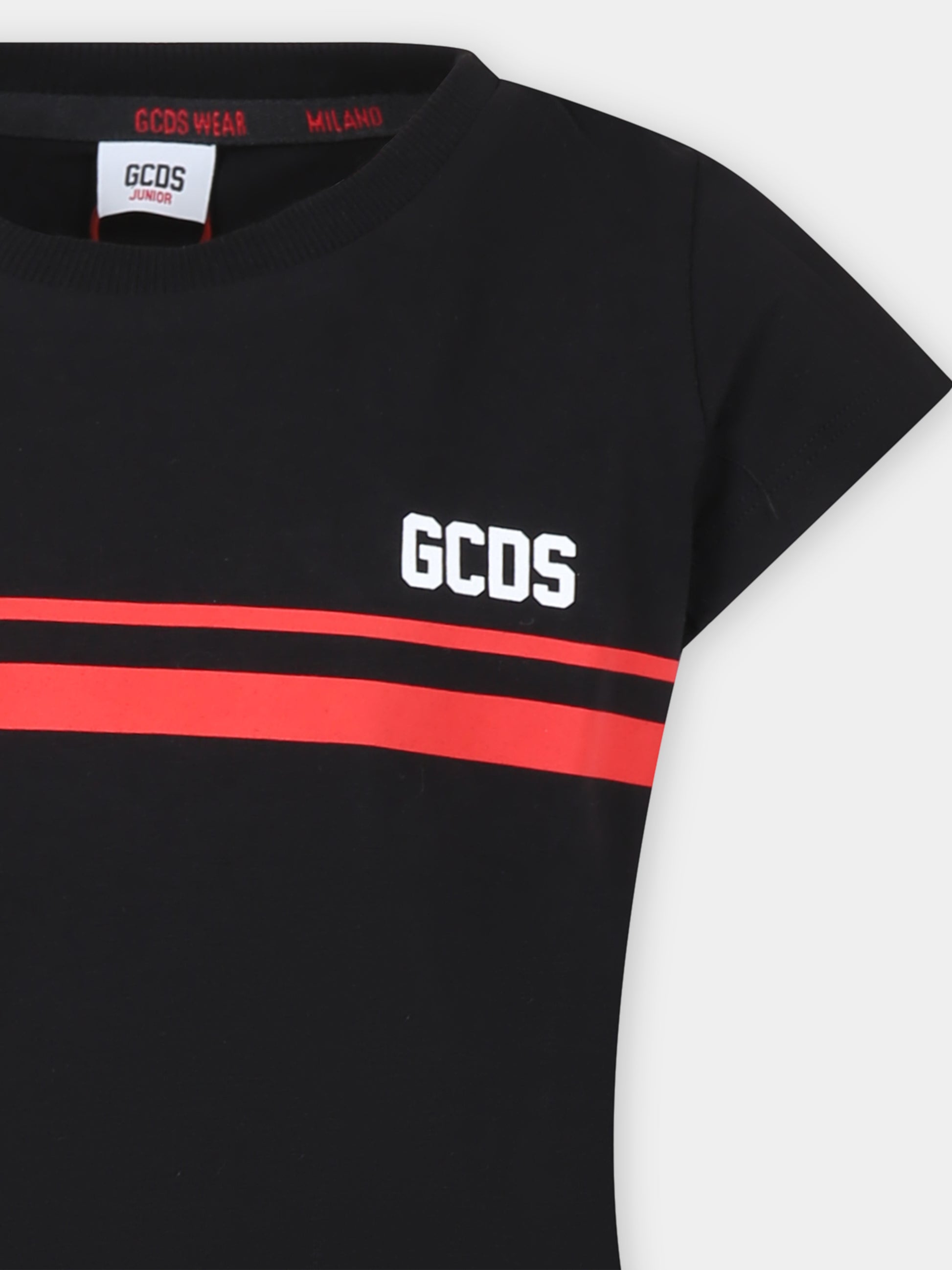 Abito nero per bambina con righe rosse e logo,Gcds Kids,DDV008 LBA36 60100