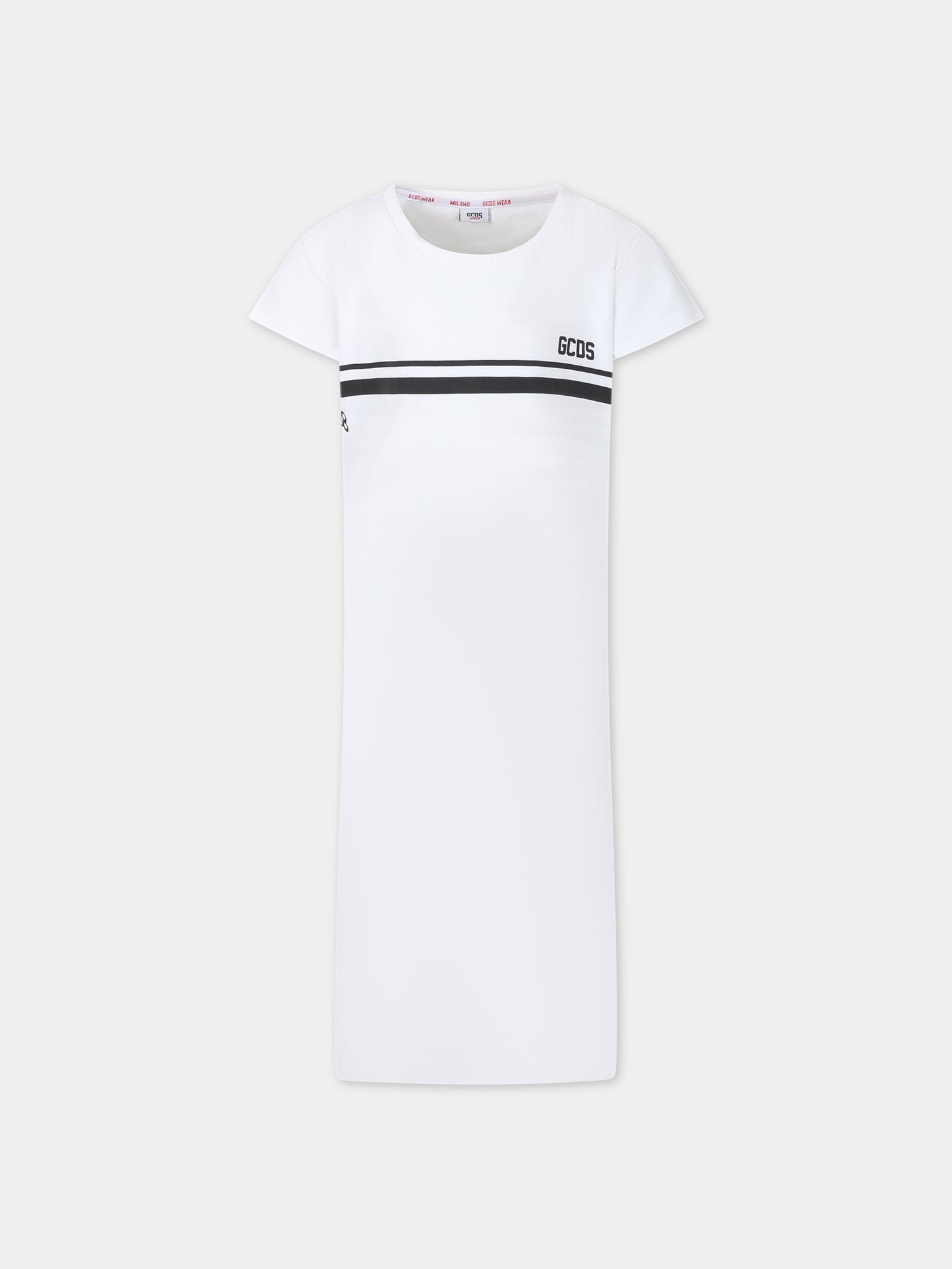 Abito bianco per bambina con righe rosse e logo,Gcds Kids,DDV008 LBA36 10101
