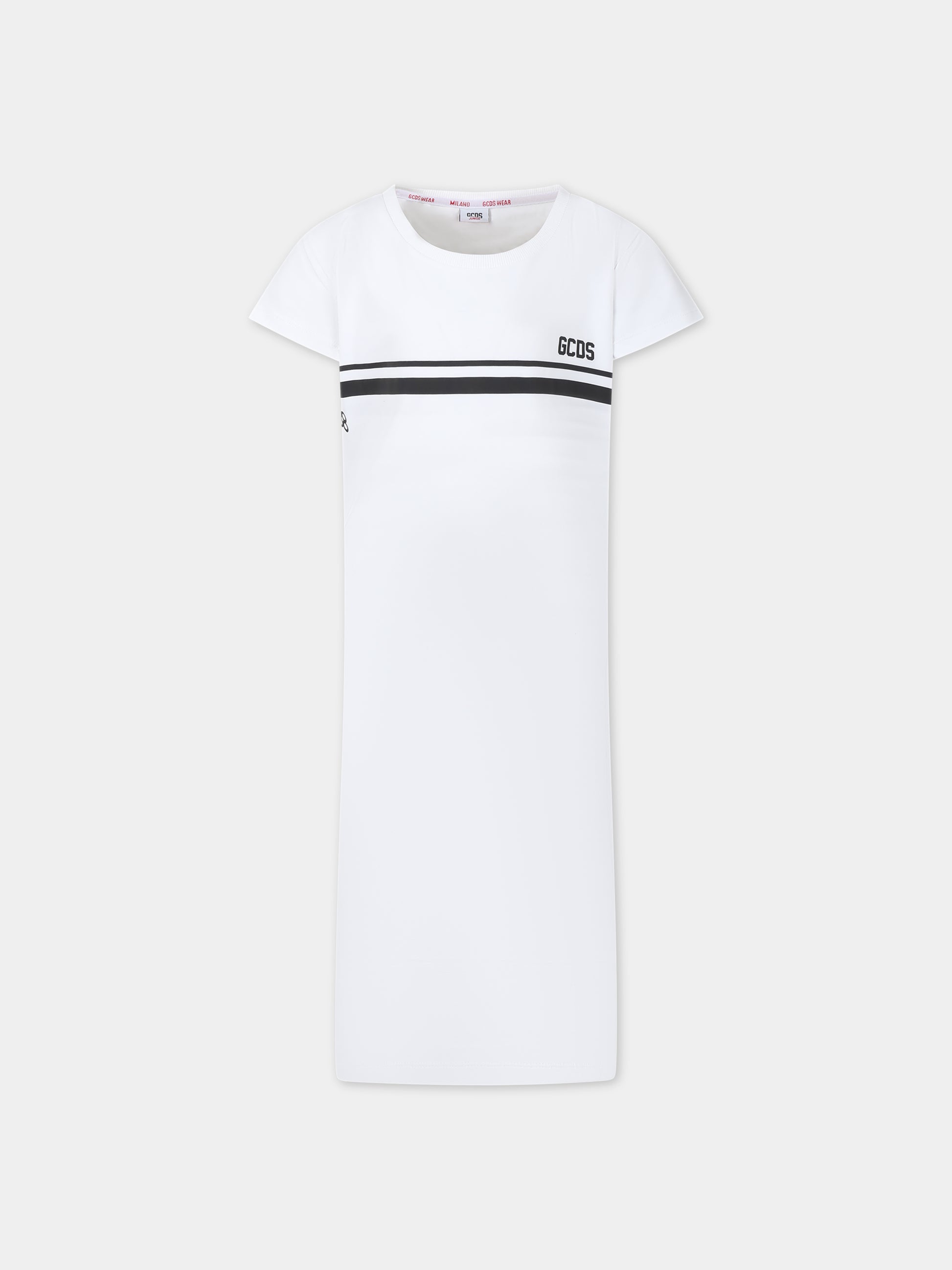 Abito bianco per bambina con righe rosse e logo,Gcds Kids,DDV008 LBA36 10101