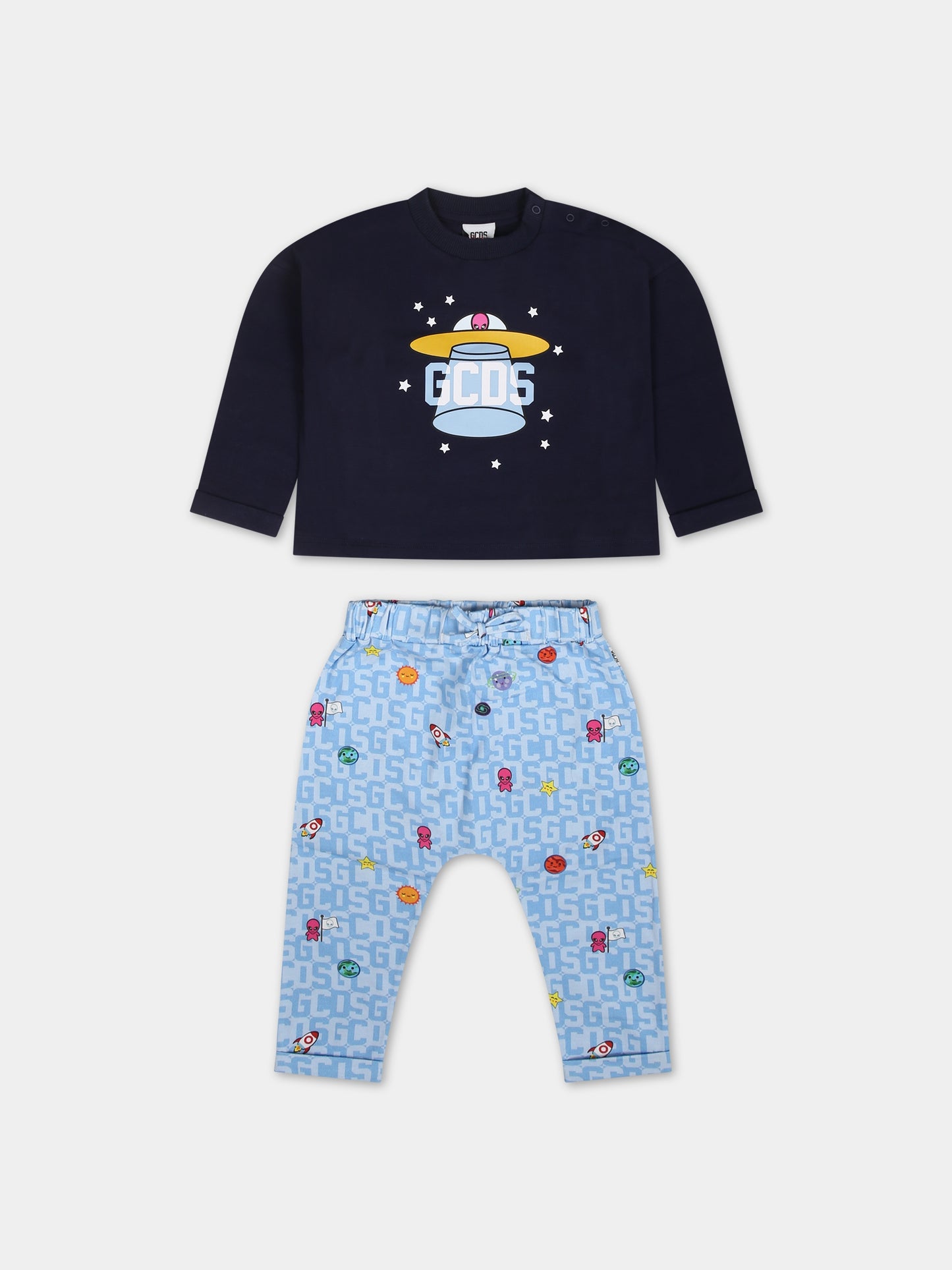 Pigiama blu per neonato con stampa alieno e logo,Gcds Kids,GUK00F LBBC7 85660