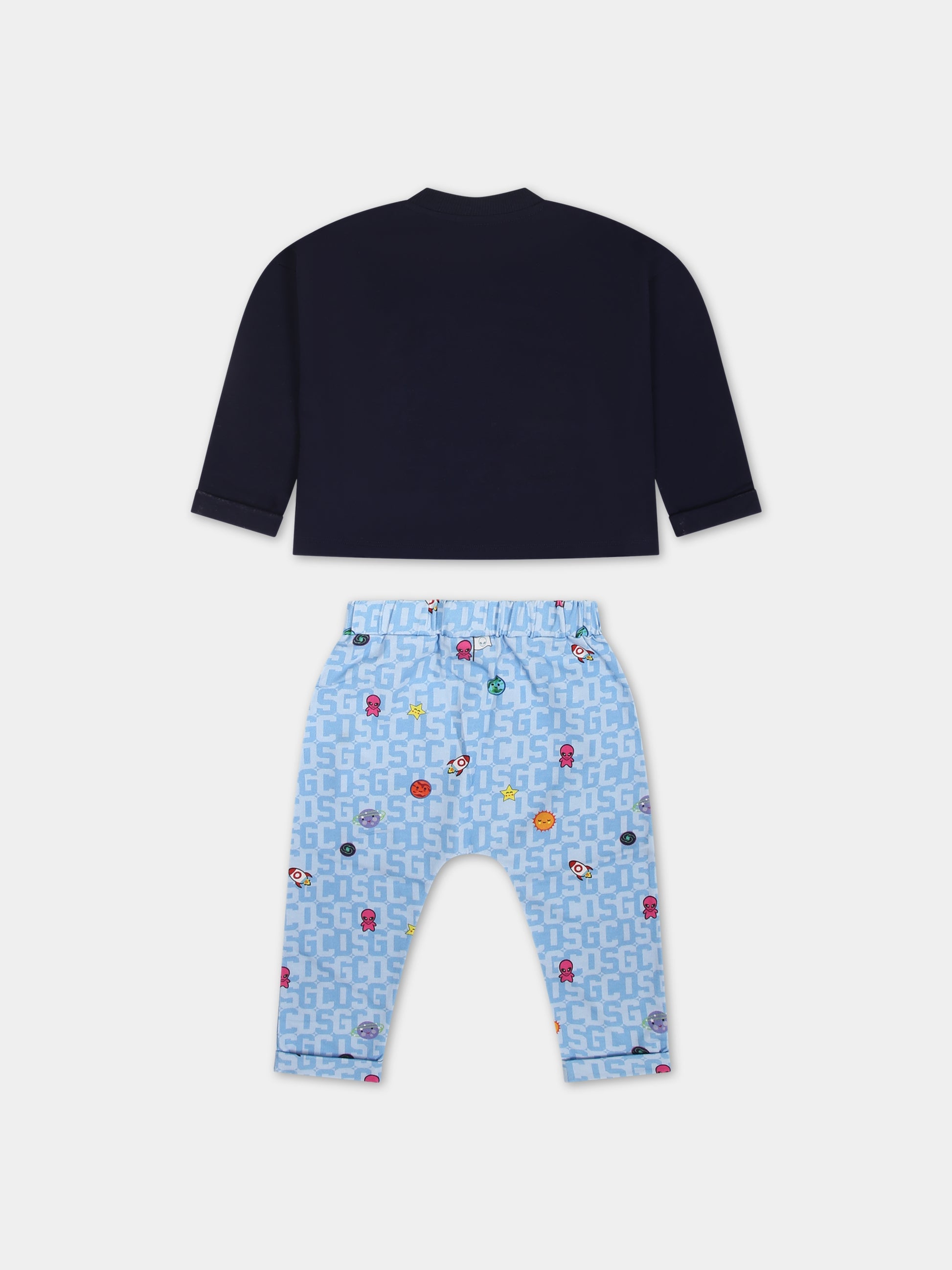 Pigiama blu per neonato con stampa alieno e logo,Gcds Kids,GUK00F LBBC7 85660