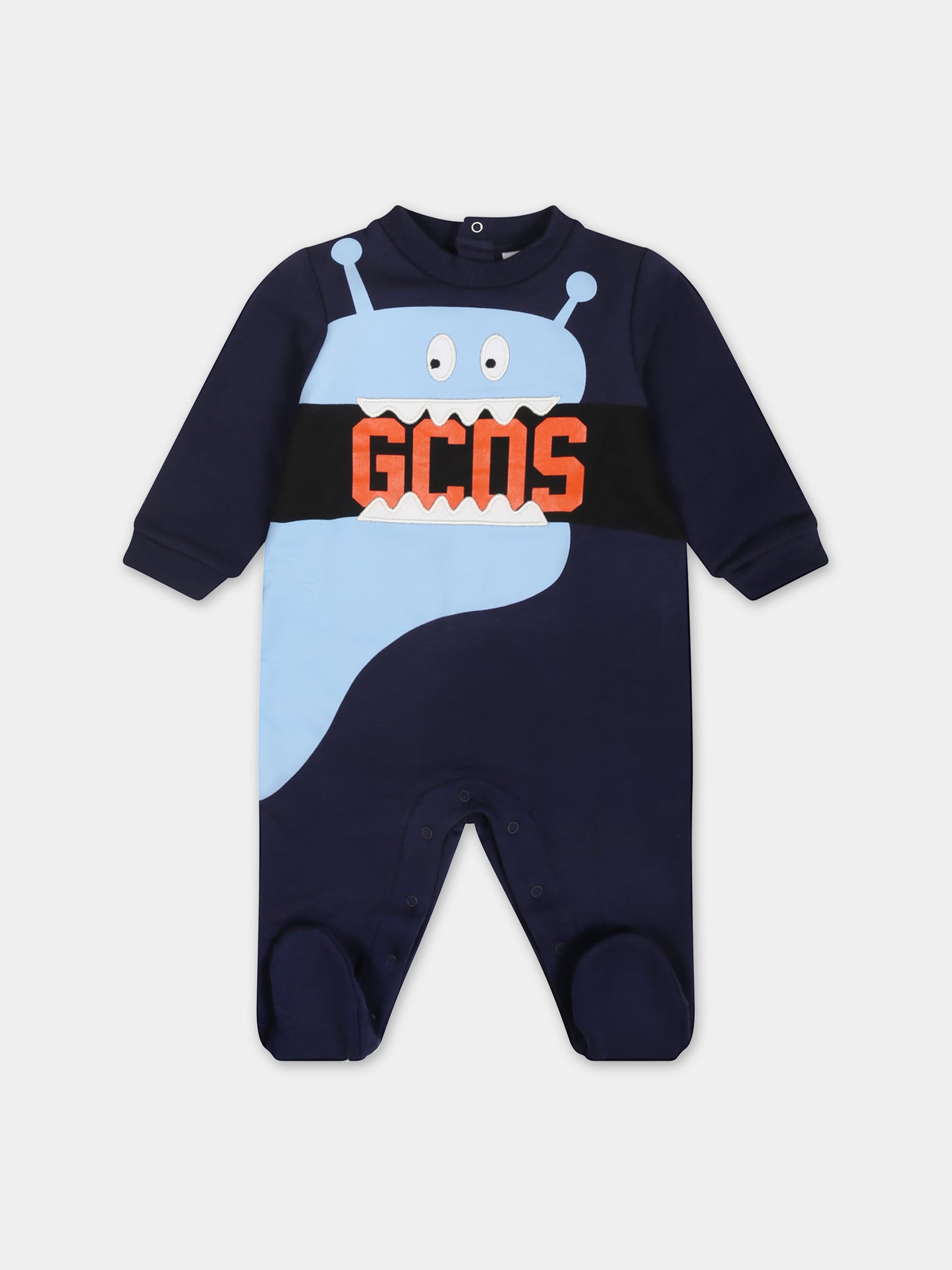 Tutina blu per neonato con stampa mostro e logo,Gcds Kids,GUY00Z LDA04 40258