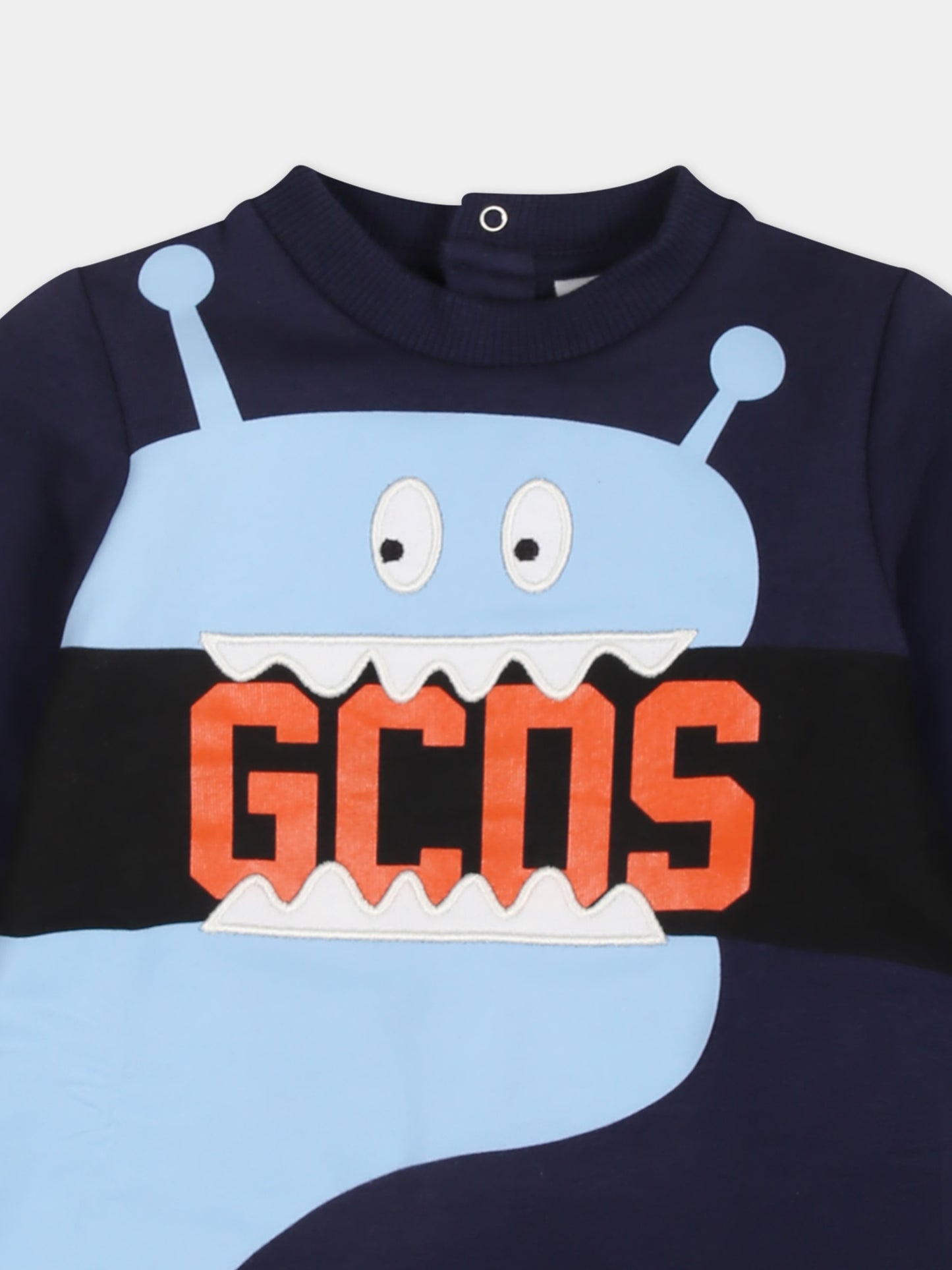 Tutina blu per neonato con stampa mostro e logo,Gcds Kids,GUY00Z LDA04 40258