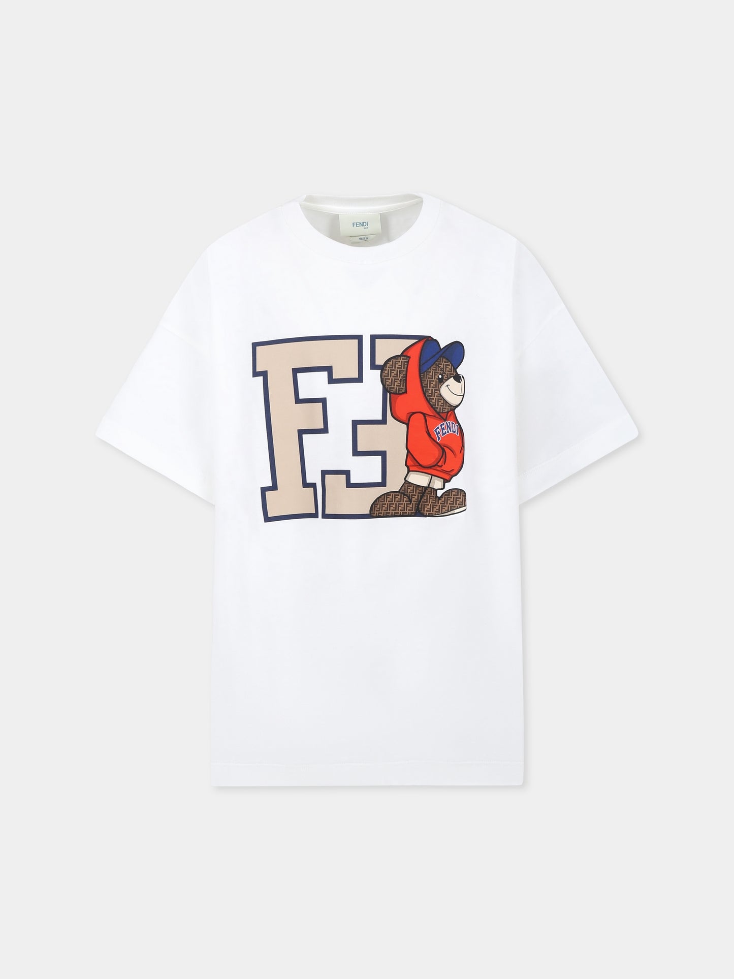 White T-shirt for boy with Fendi bear print