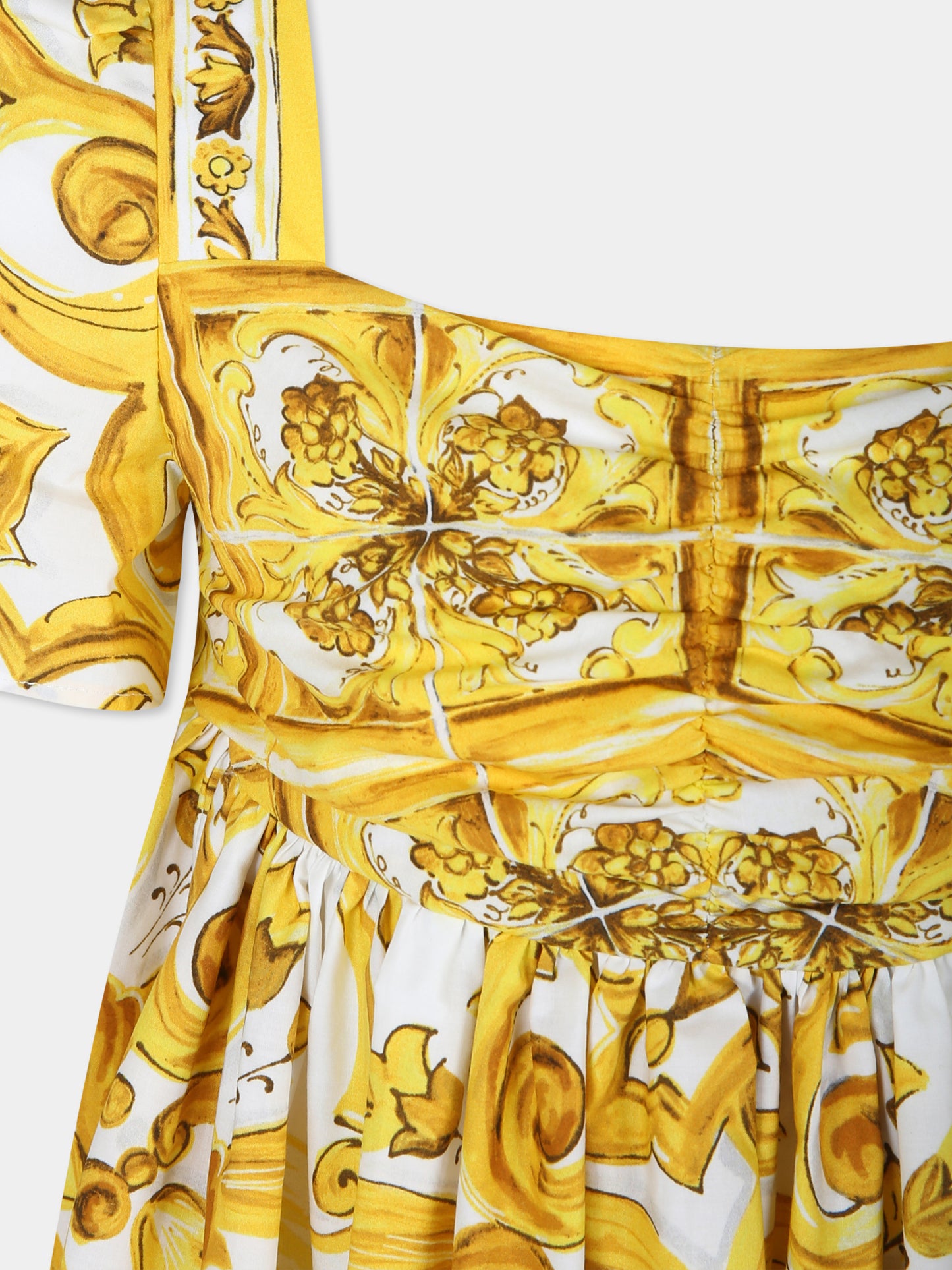 Vestito giallo per bambina con stampa maiolica gialla,Dolce & Gabbana Kids,L53DE7 G7EY0 HG3TN