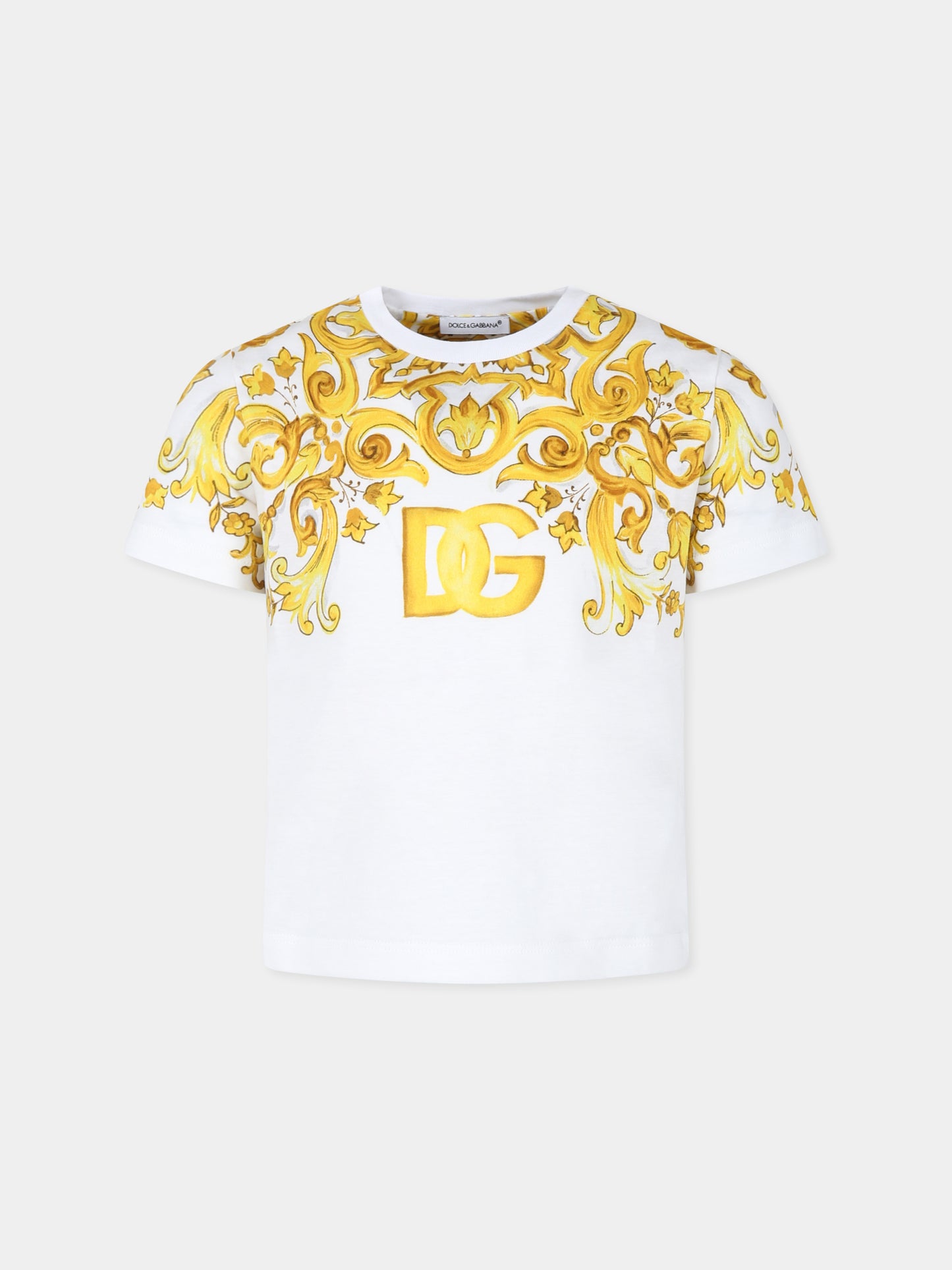 T-shirt bianca per bambina con logo DG e stampa maiolica gialla,Dolce & Gabbana Kids,L5JTNK II7DS HG3TN