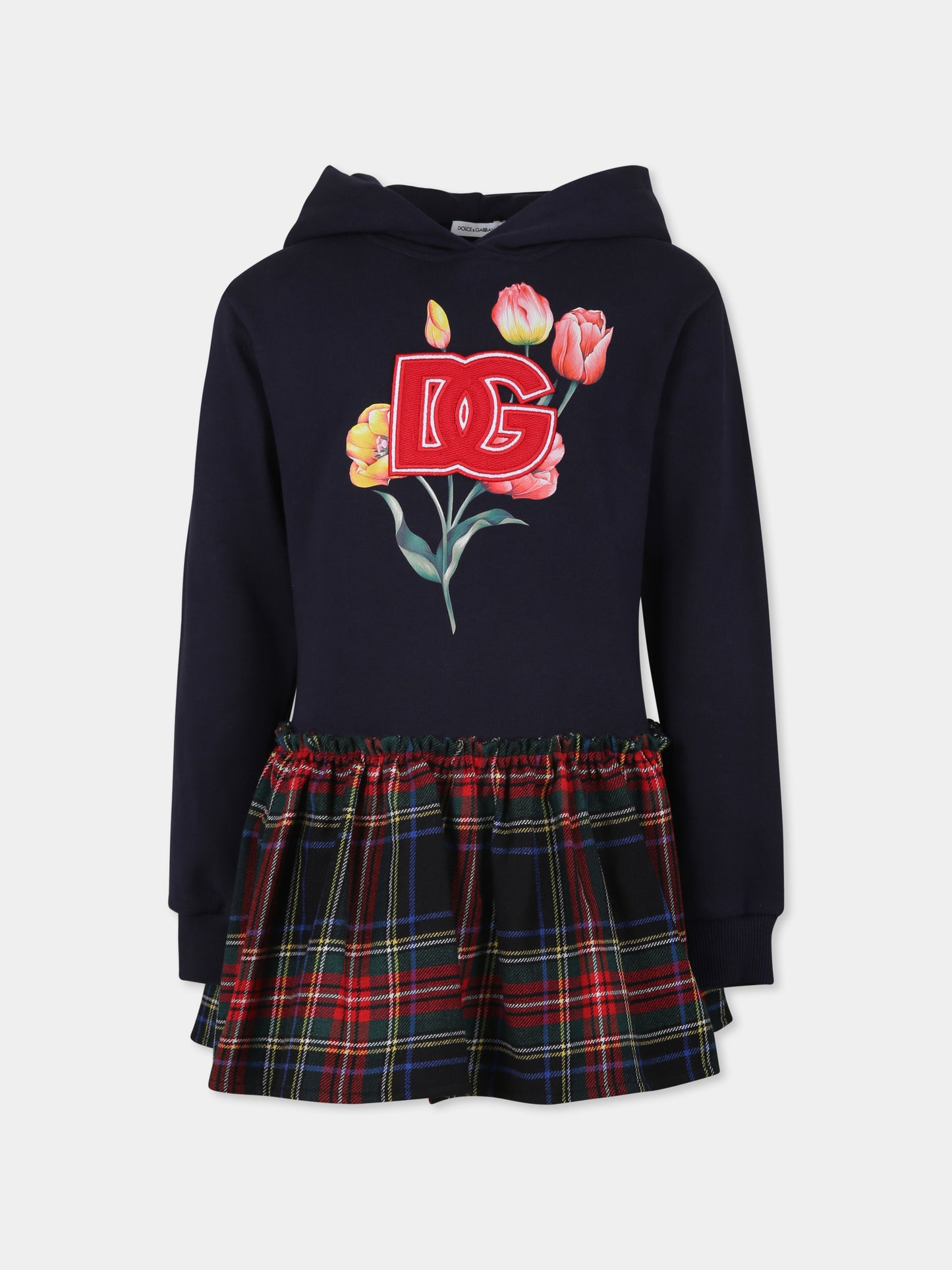 Vestito blu per bambina con tulipani e logo,Dolce & Gabbana Kids,L5JD8Y G7NMK S9000