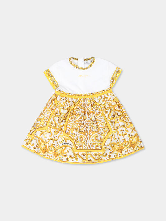 Vestito giallo per neonata con stampa maiolica gialla,Dolce & Gabbana Kids,L2JDZ1 G7NUL S9000