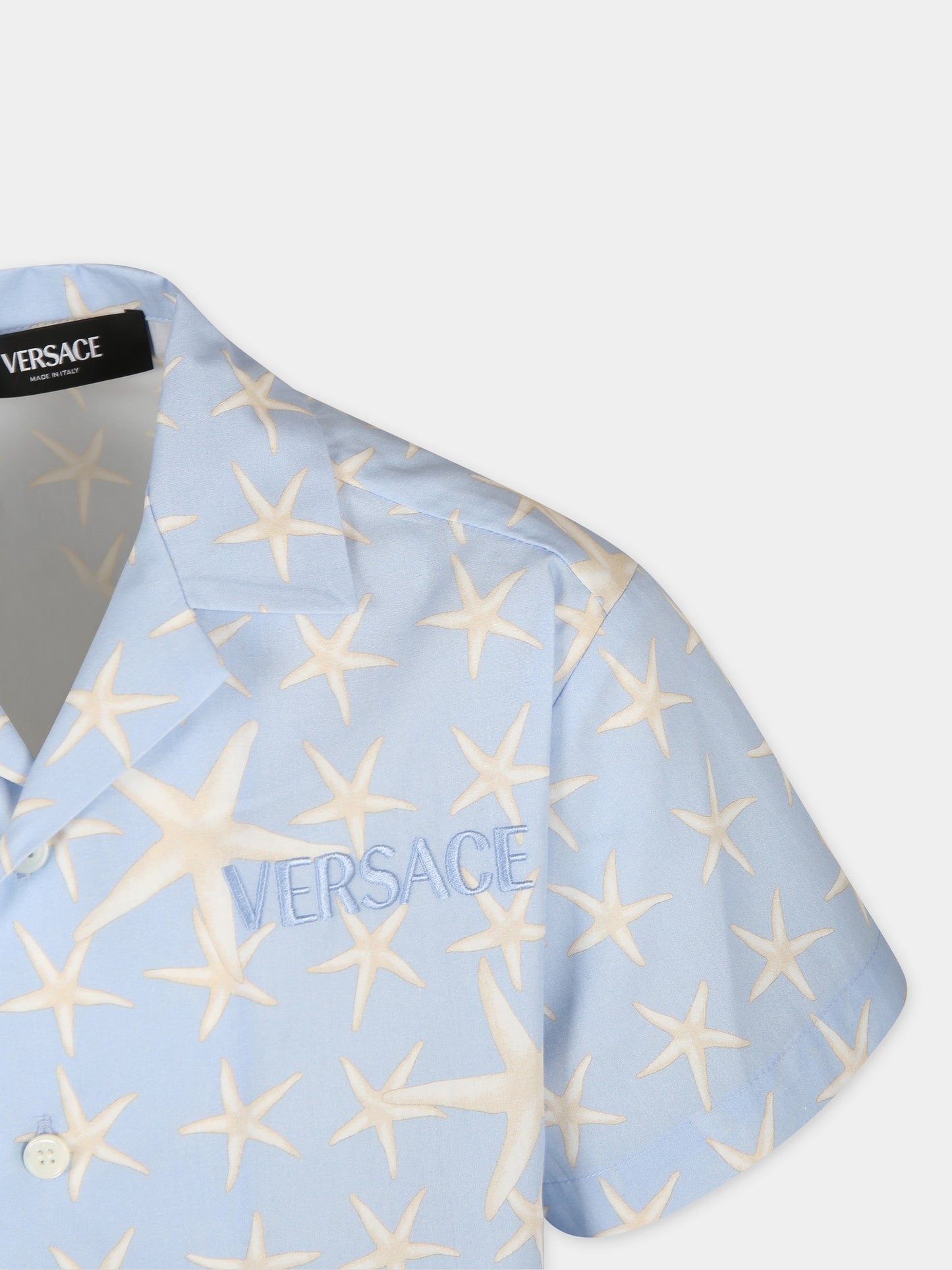 Camicia celeste per bambino con stampa stelle marine,Versace,1000107 1A11623 6V720