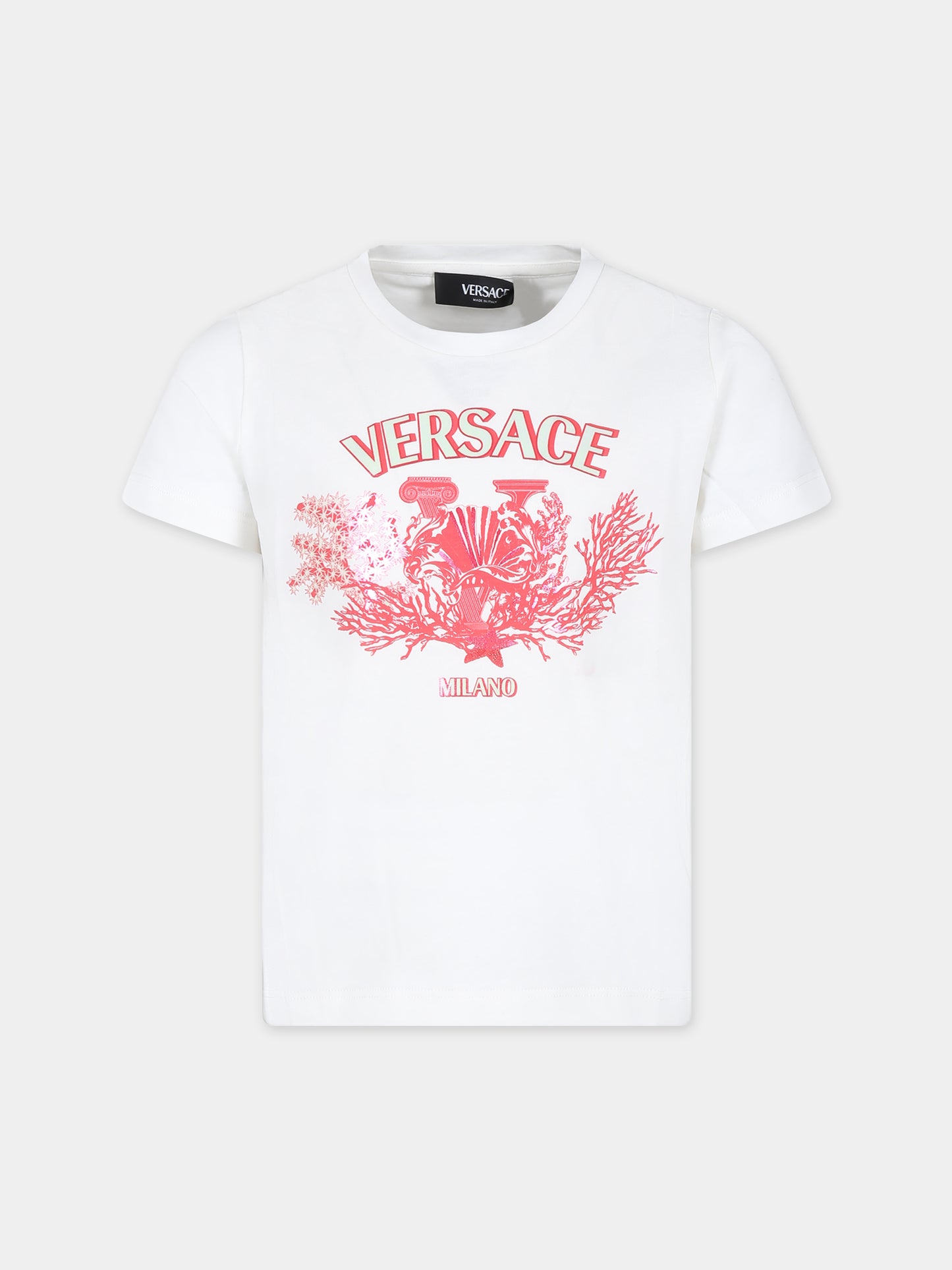 T-shirt bianca per bambina con logo e stampa marina,Versace,1000239 1A11428 2W310