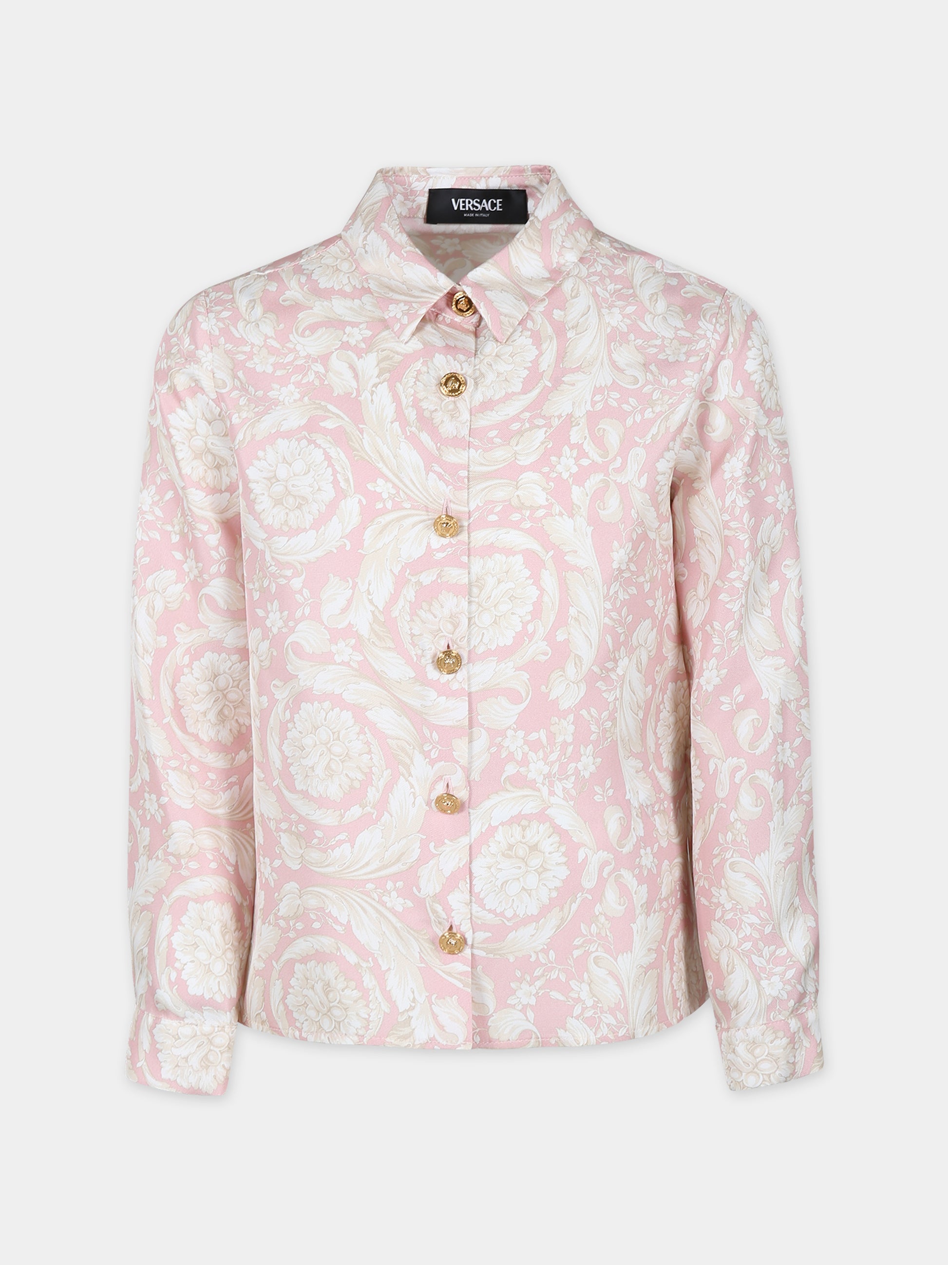 Camicia rosa per bambina con stampa barocco,Versace,1000190 1A11195 5PB30