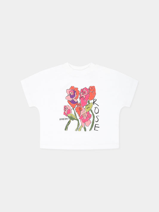 T-shirt bianca per neonata con rose,Burberry Kids,8094964 A1464