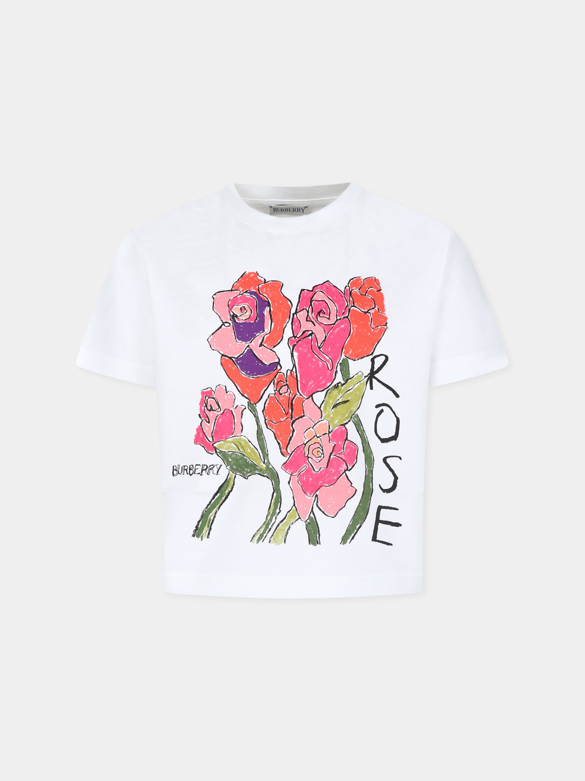 T-shirt bianca per bambina con rose,Burberry Kids,8094963 A1464