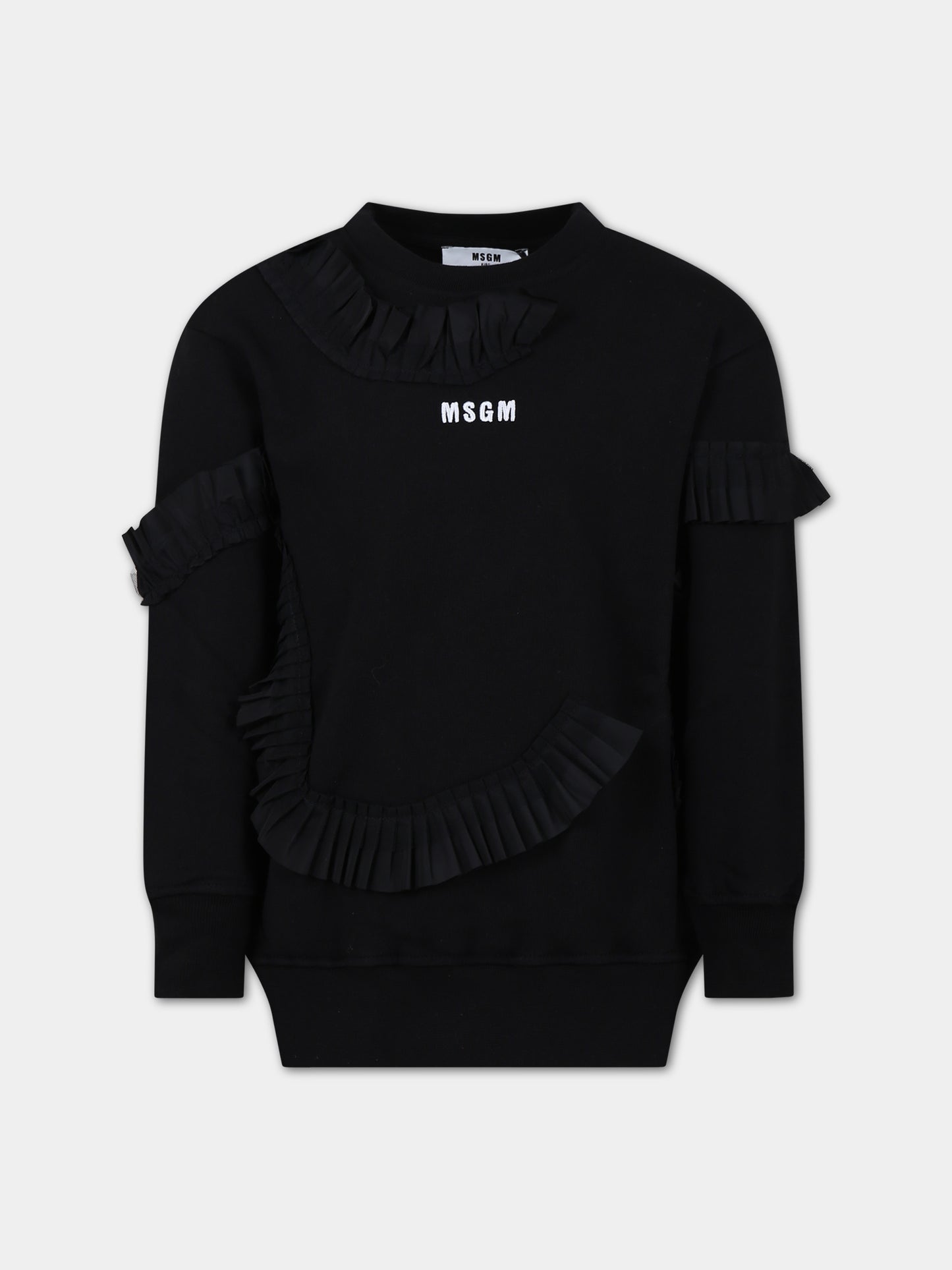 Maxi felpa nera per bambina con rouches e logo,Msgm Kids,F3MSJGMS214 110