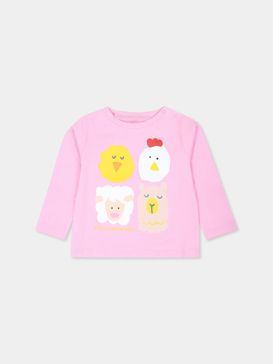 T-shirt rosa per neonata con stampa animali,Stella Mccartney Kids,TV8040 Z0434 50G