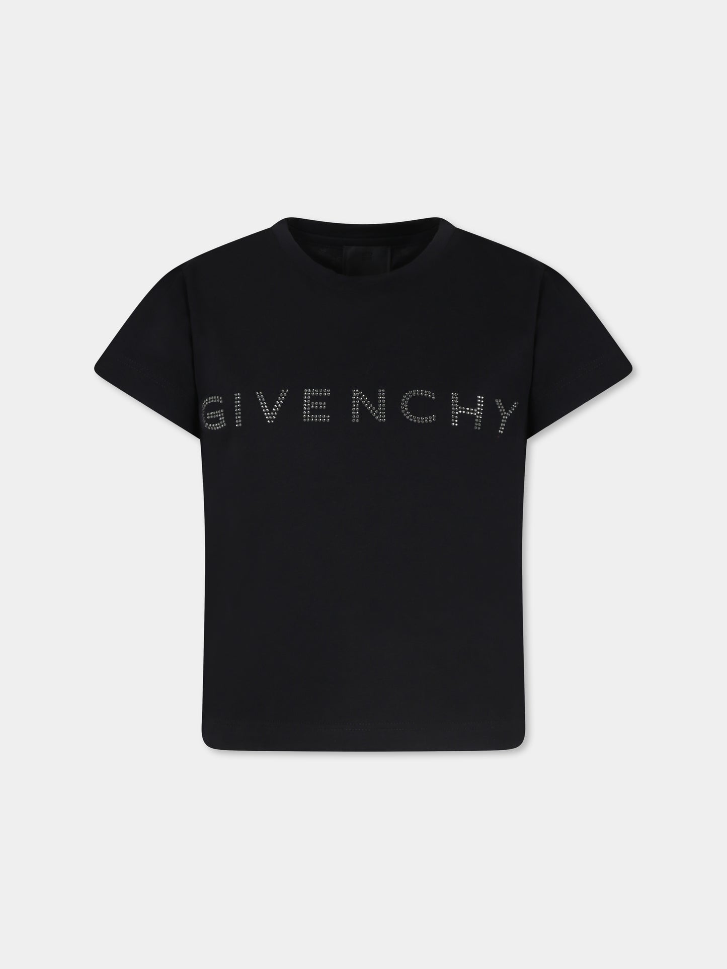 T-shirt nera per bambina con logo e strass,Givenchy Kids,H30429 09B